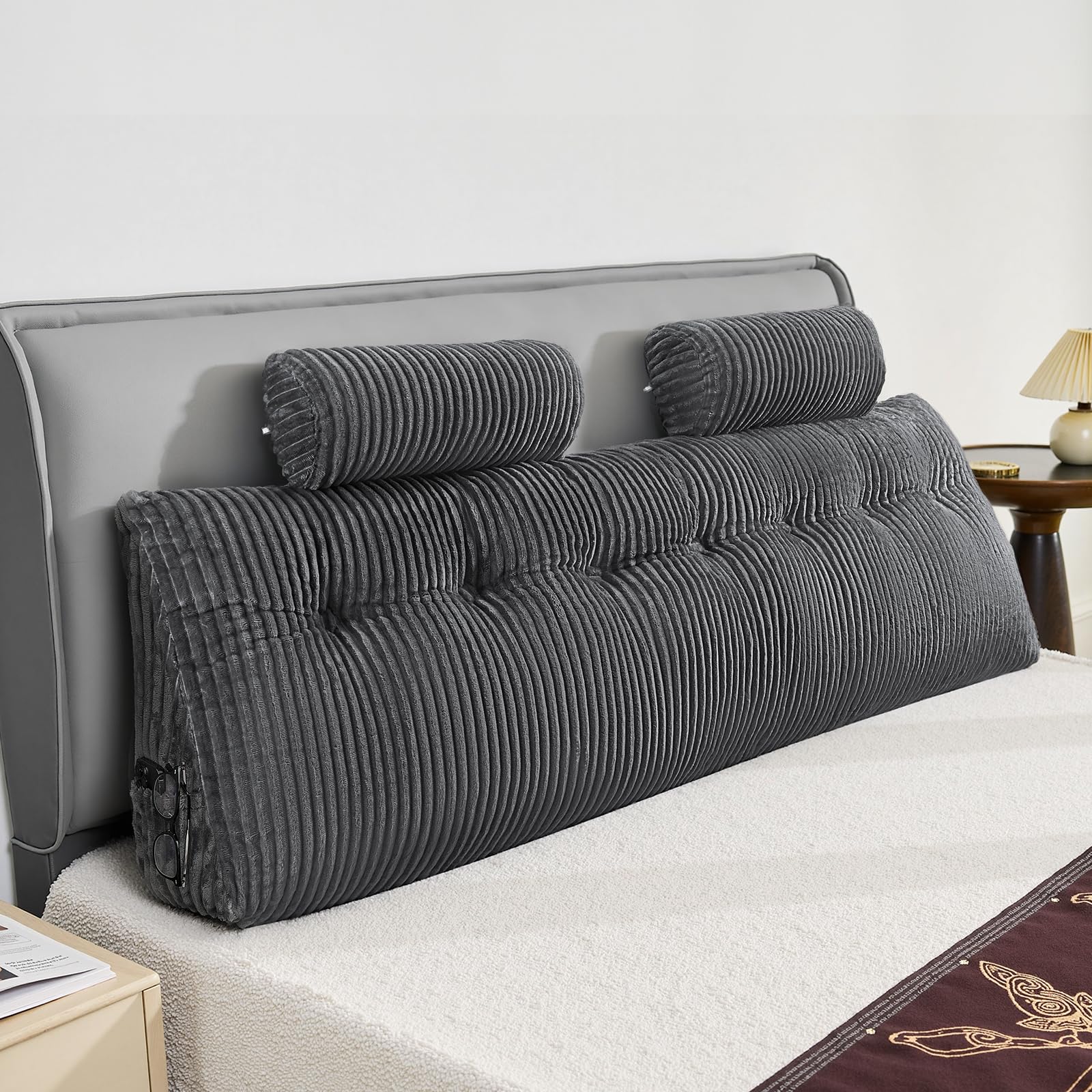VEVOR Poduszka na zagłówek w rozmiarze king size, z 2 kieszeniami bocznymi i 2 zagłówkami, poduszka klinowa do łóżka, z zmywalną tkaniną flanelową, do czytania, gier, odpoczynku, pracy w łóżku, szara