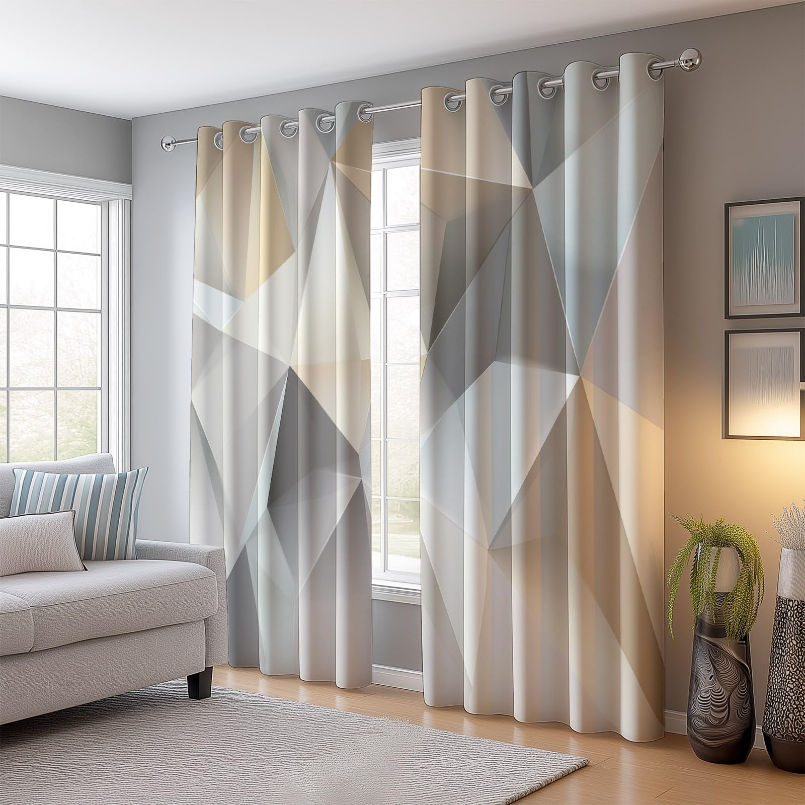 Rideaux Isolants 110L X 215H cm (2 Panneaux), Design Triangles Géométriques Abstraits Tenture Opaque Anti-Chaleur pour Chambre Principale, Gris Beige