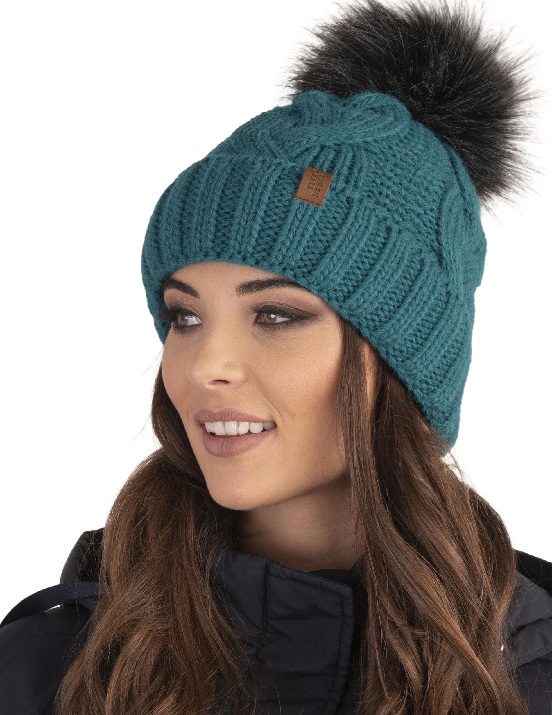 VIVISENCE Bonnet Femme d'hiver Automne en Tricot Doux Doublé Polaire avec Pompon en Fausse Fourrure Antistatique Chaud Et Ajustable Parfait pour Les Jours Froids 7014