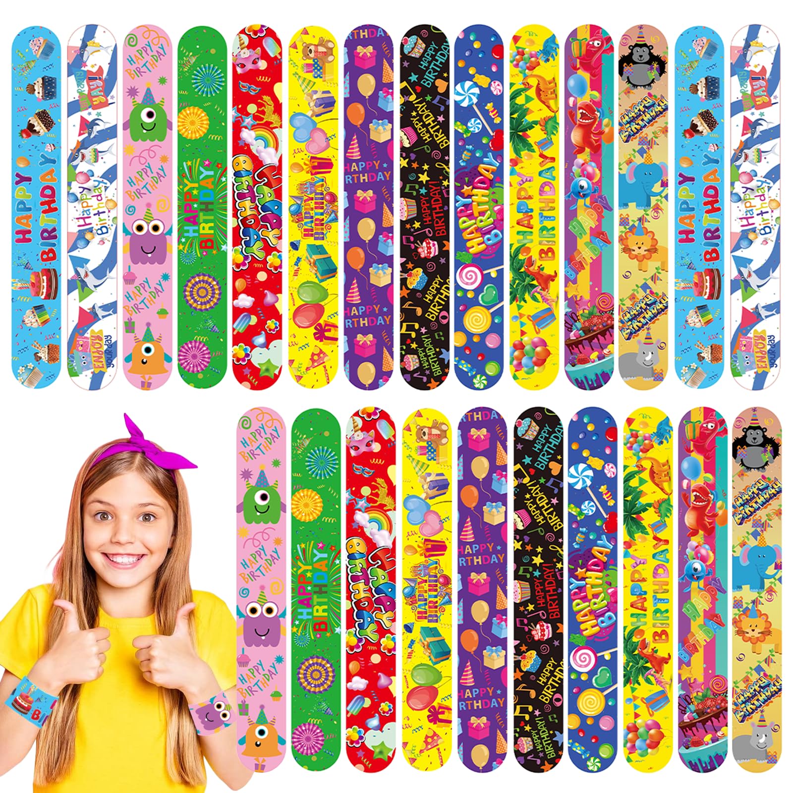 24Pcs Happy Birthday Slap Bracelets,Snap Bracelet Bands for Gifts Bag Filler,Birthday Party Favors,Cute Birthday Wristbands for Kids Birthday Gifts Birthday Theme Party Supplies Classroom Prize Gifts