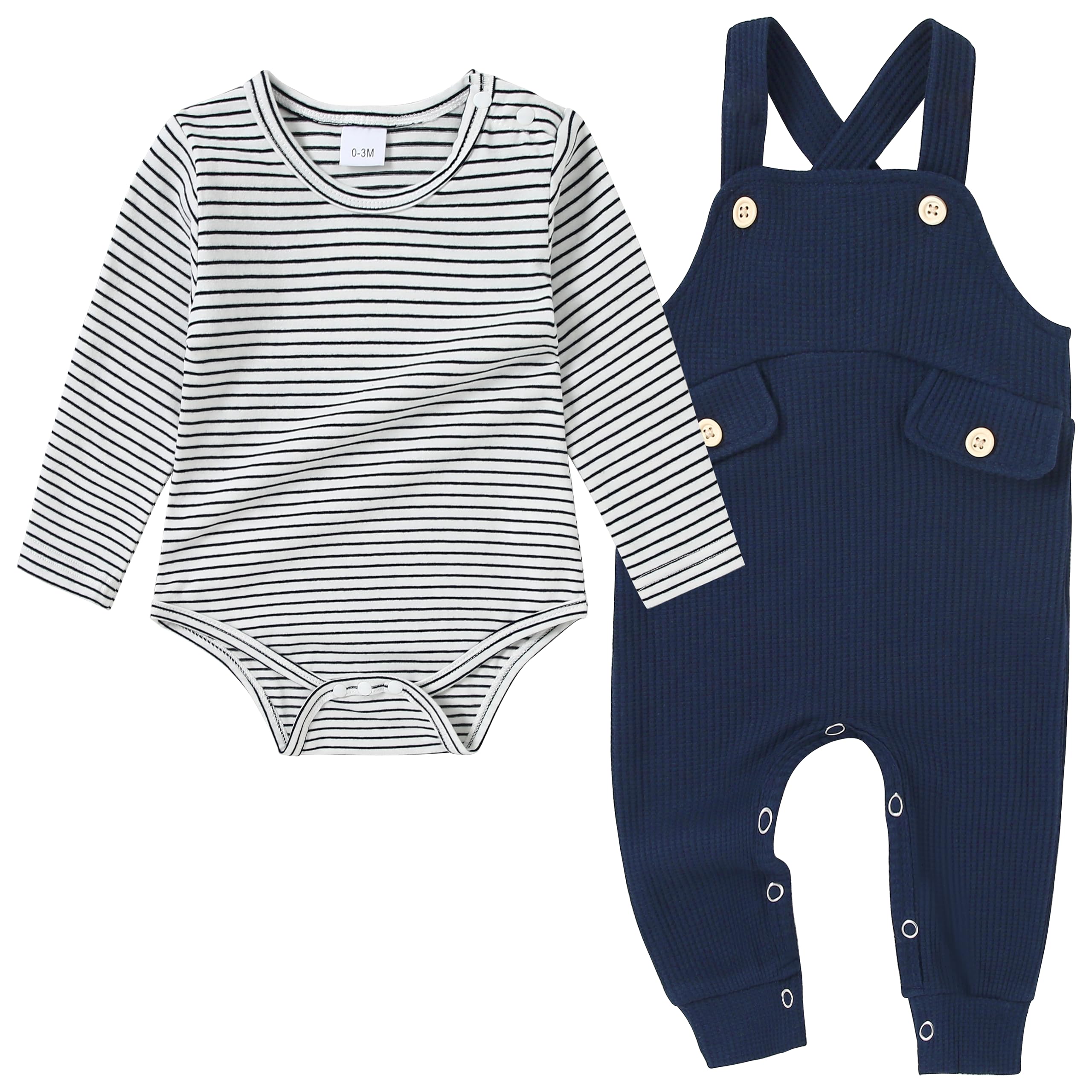 CARETOO Newborn Baby Boy Clothes Infant Boy Romper Fall Winter Outfits Bodysuit 2Pcs Striped Long Sleeve Top Overalls 0-18M