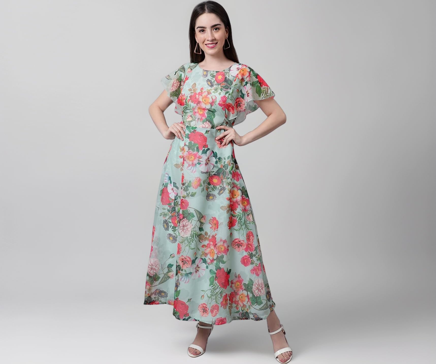 Women's Dress | Flare Straight, Maxi Gown | Ankle Length | Short Sleeves | Butterfly Sleeves Style| Casual| Party | Wedding | Festival | Formal (Maxi Gown)
