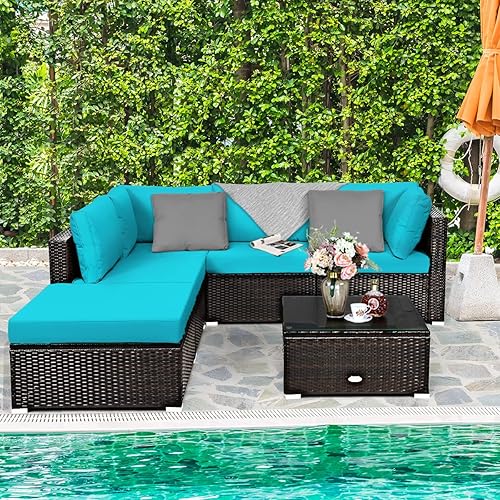 Vista 39 de Tangkula Juego de muebles de patio de 6 piezas, cubierta al aire libre, césped, patio trasero, marco de acero duradero, juego de sofá seccional