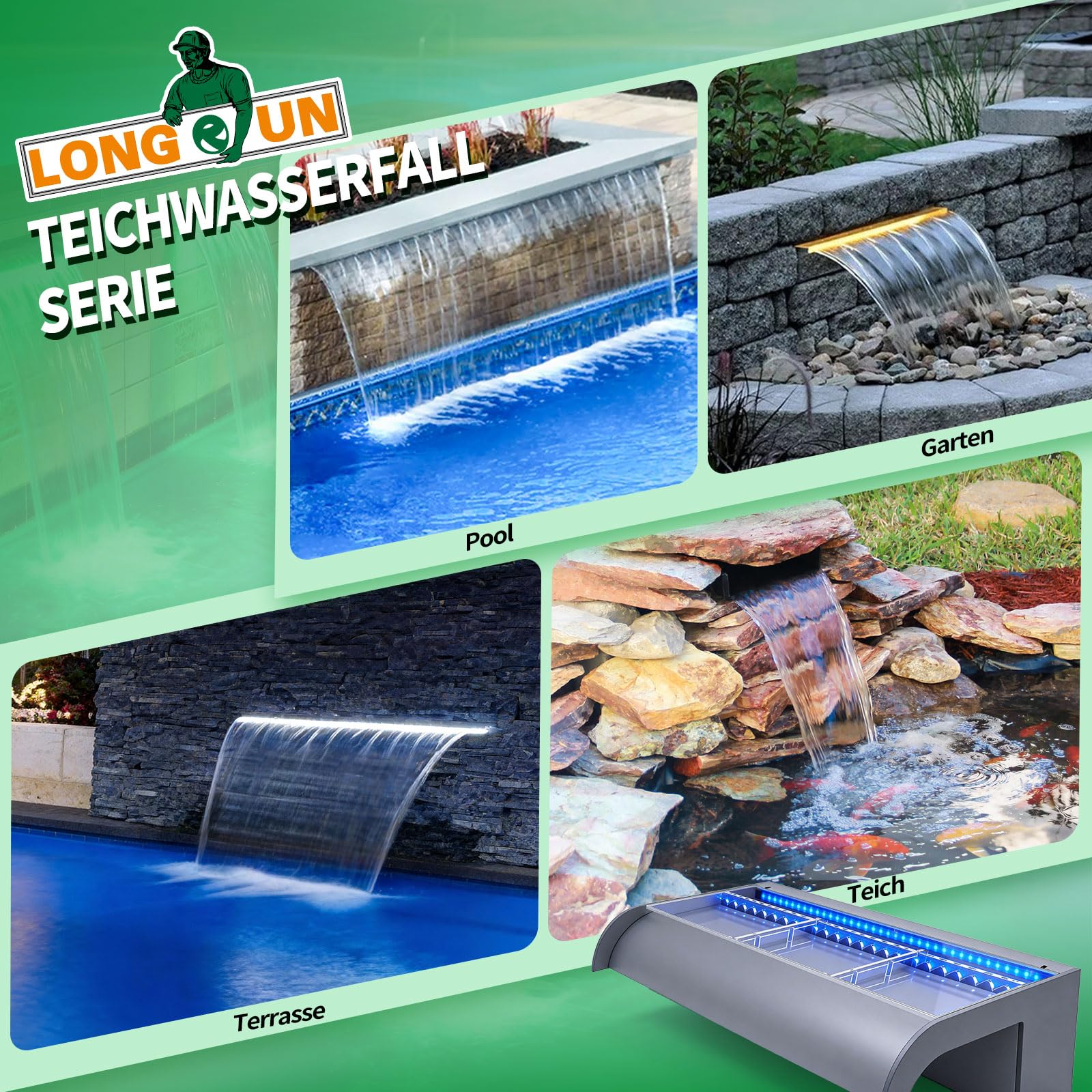 LONGRUN 60cm Gebogener Teich-Wasserfall aus Acryl mit RGB LED-Leiste & Bluetooth-App-Steuerung, Garten-Wasserfall für Teich, Pool und Schwimmbad