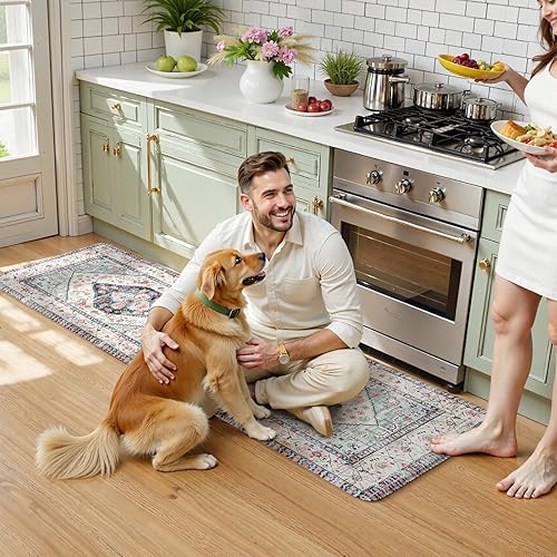 Vista 406 de KIMODE - Juego de 2 tapetes de cocina bohemios, antifatiga, antideslizantes, impermeables, ergonómicos, acolchados, cómodos, para lavandería, Caqui