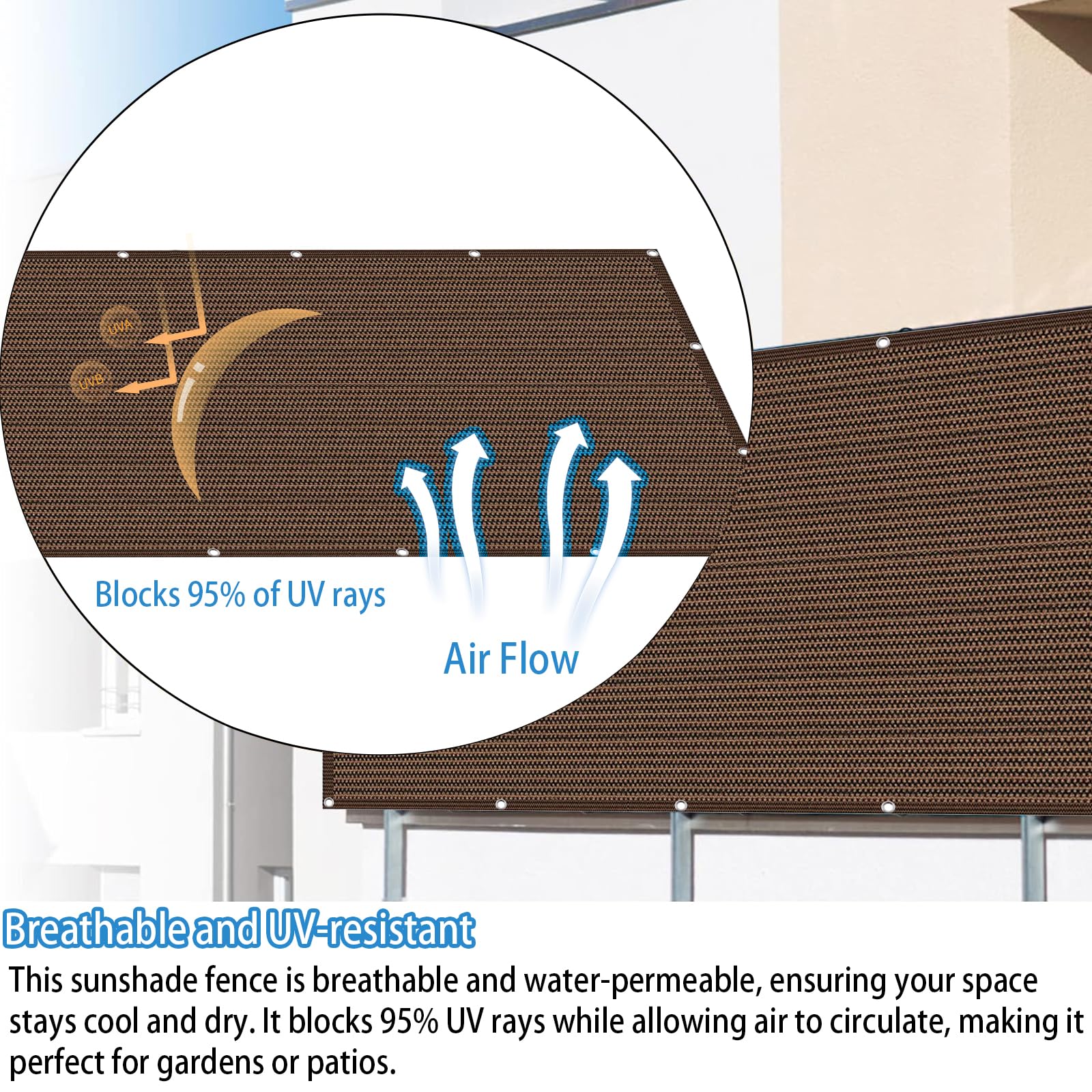 Copri Ringhiera Balcone 180 x 290 cm Ombreggiante, Protezione Solare e Traspirabilità, Recinzione Copri Ringhiera Balcone con Funi e Fascette per Giardino Terrazza, Marrone