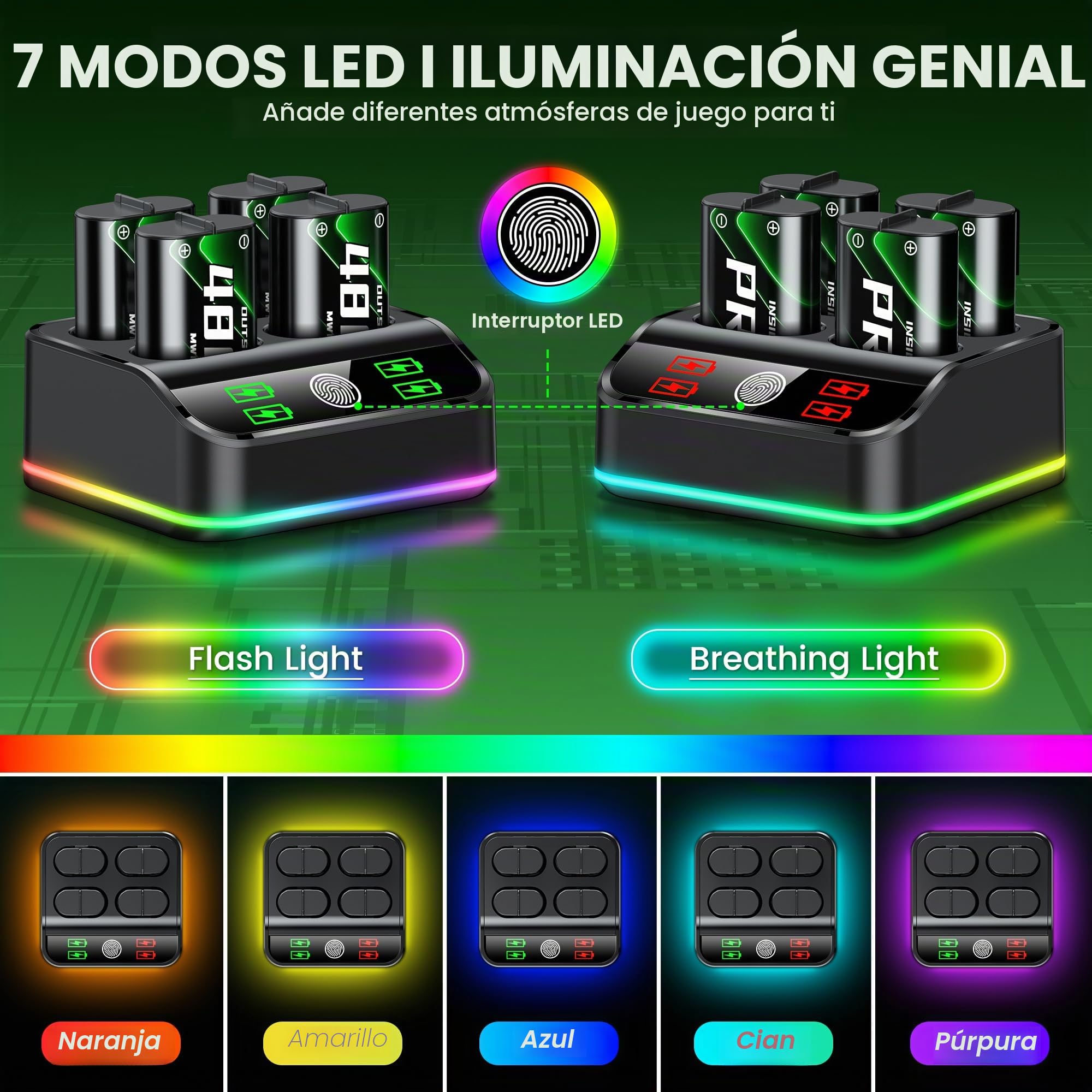 HELLCOOL 4 pilas de 4800 mWh para controlador Xbox One/Series X&S, estación de carga para controlador Xbox con luz RGB y indicadores de carga LED, batería compatible con Xbox Series X/S, Xbox One S/X