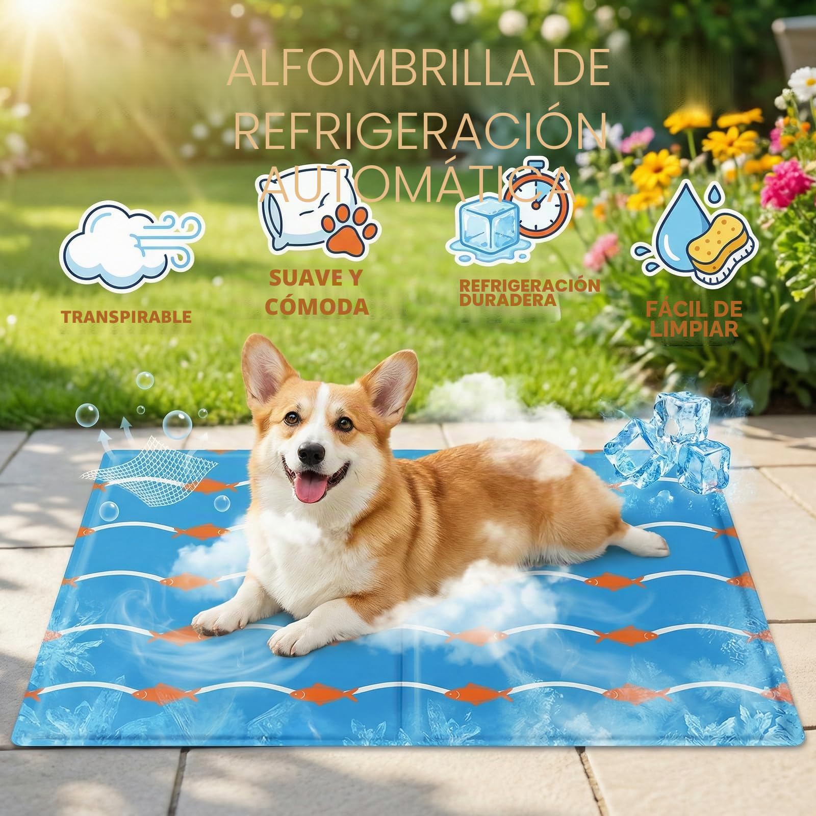 Qoosea Alfombra Refrescante para Perros y Gatos 50x65cm - Diseño Peces y Olas, Colchón Enfriador Autorefrescante, Impermeable y Plegable para Casa Coche y Viajes