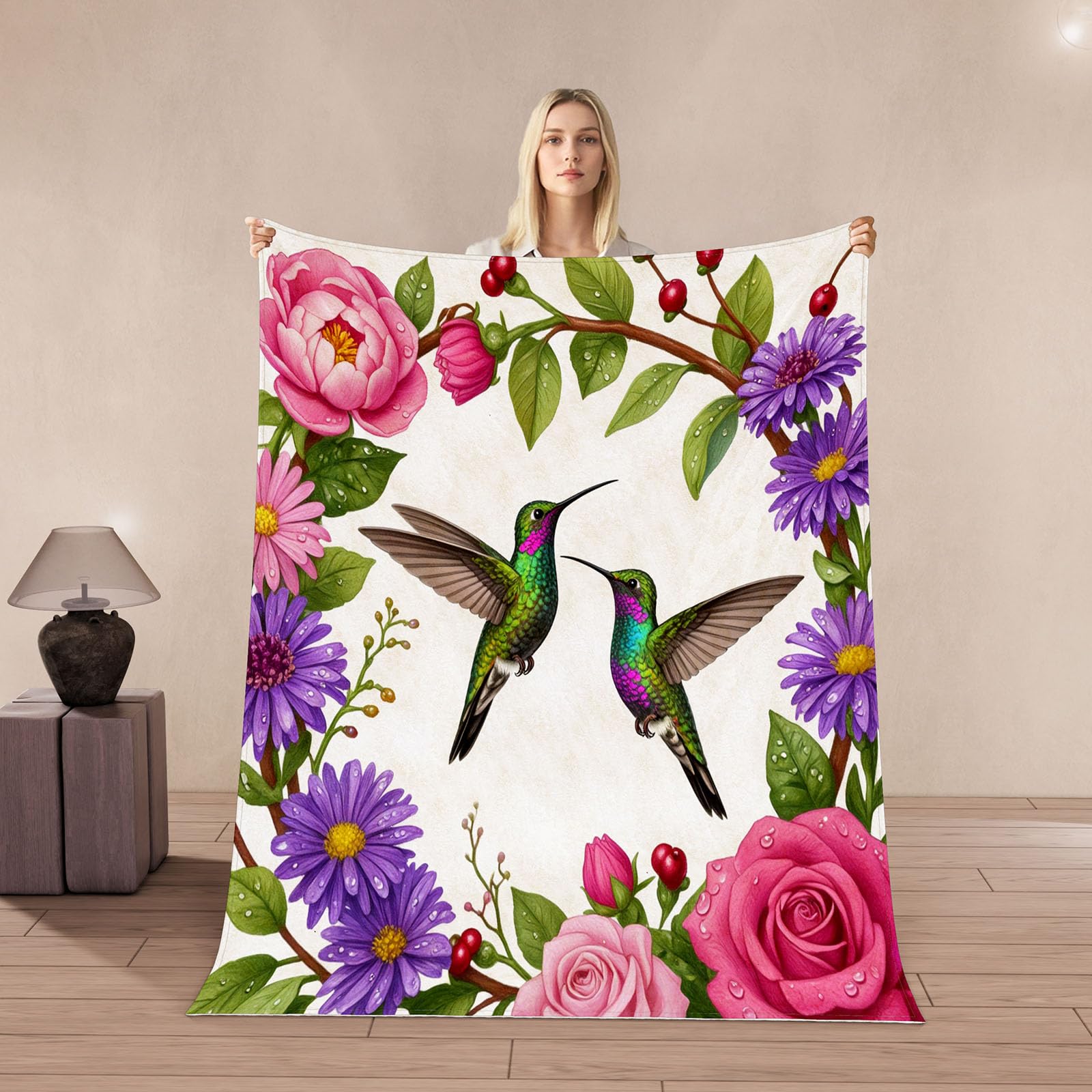 Couverture colibri 3D ultra douce fleurs oiseaux le cadeau déco idéal