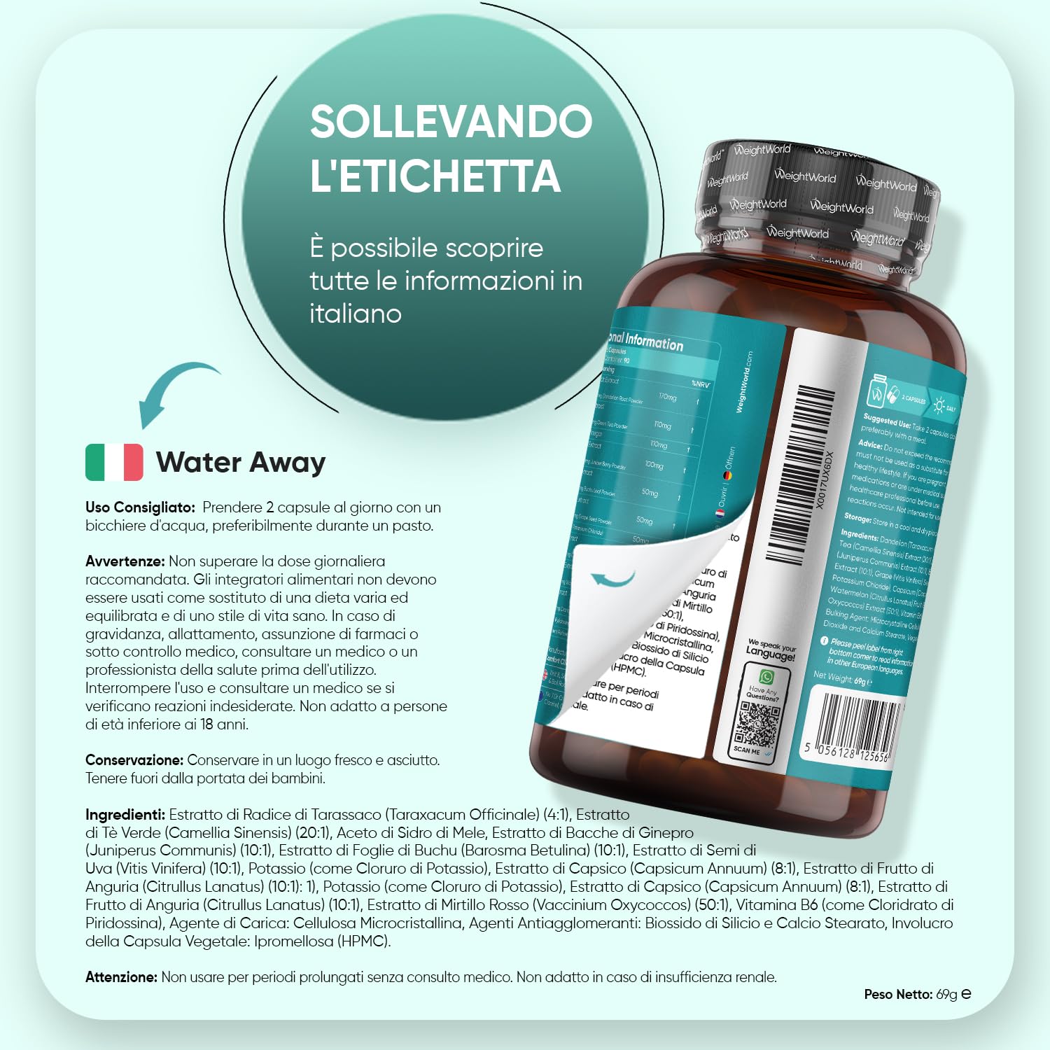 Water Away in 180 Capsule Vegane (3 Mesi di Fornitura), 770mg per Dose, Tarassaco Capsule con Te Verde, Vitamina B6, Mirtillo Rosso, Potassio e Bacche di Ginepro, Senza Magnesio Stearato né Glutine
