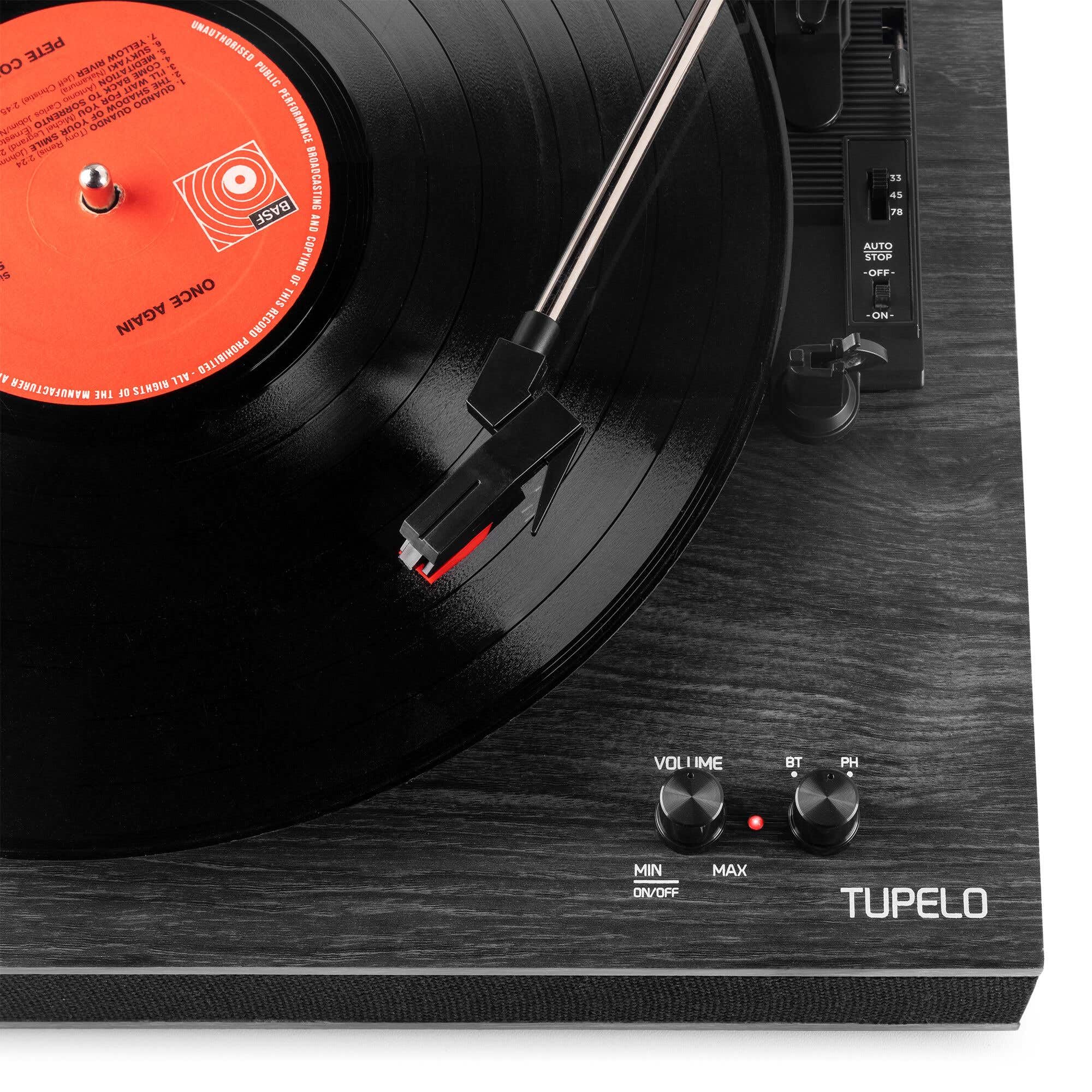 Audizio Tupelo - Giradischi con altoparlante e Bluetooth, set giradischi con amplificatore, 3 velocità (33/45/78 giri/min), lettore in vinile da 120 Watt con 2 altoparlanti stereo, gramofono, nero