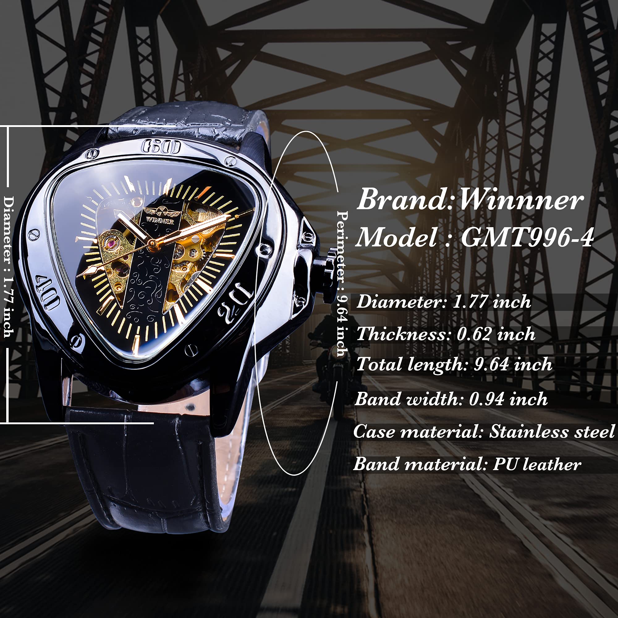 Winner Fashion mechaniczny zegarek na rękę trójkątna tarcza wyścigowa, wodoodporny złoty szkielet tarcza automatyczny mechanizm skórzany design mechaniczny zegarek dla mężczyzn