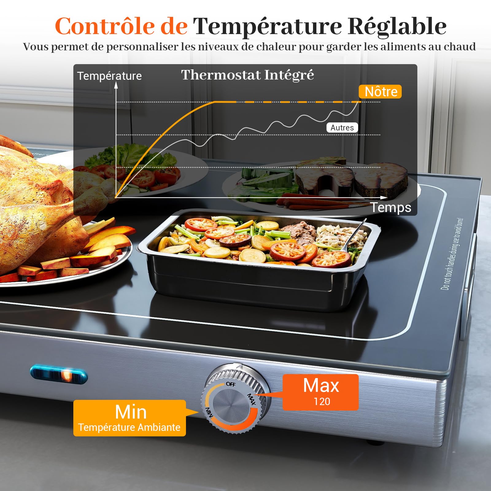 COSTWAY Chauffe Plat Electrique, Plaque Chauffante avec Plateau en Verre Trempé, Température Réglable, Poignées Isolantes, Réchauffe Plat, pour Buffets, Fêtes, Réunions de Famille(56 x 37 cm)