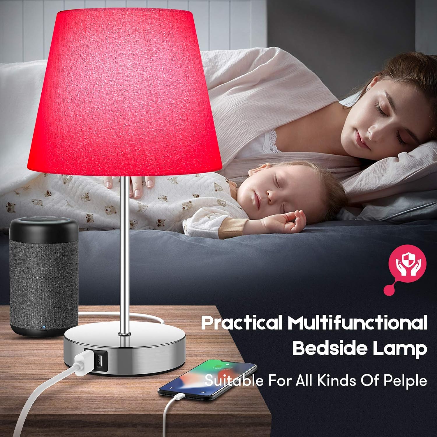 Touch Control Desk Lamp, 3 Way Dimmable Bedside Lamp, Fast 2 USB Charging Ports & AC Outlet Build in Ruby Pink Stick Brushed Lamp, 15.74 x 8.46 inches for Living Room, Guest -A19 Edison Bulb Included