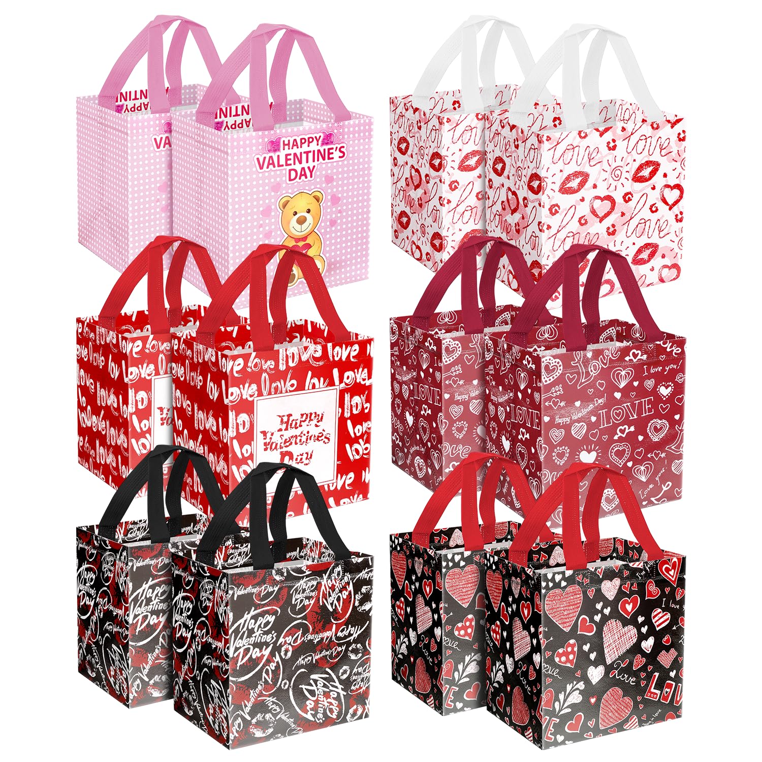 JWSCYSY 12Pack Happy Valentine's Day Reusable Tote Bags, Non-Woven Valentines Gift Bags with Handles for Valentine Party Favor, Gift Wrapping.