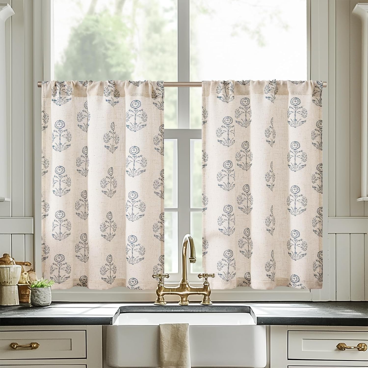 Amazon.com: jinchan Linen Kitchen Curtains 24 Inch Floral Biege Tier ...
