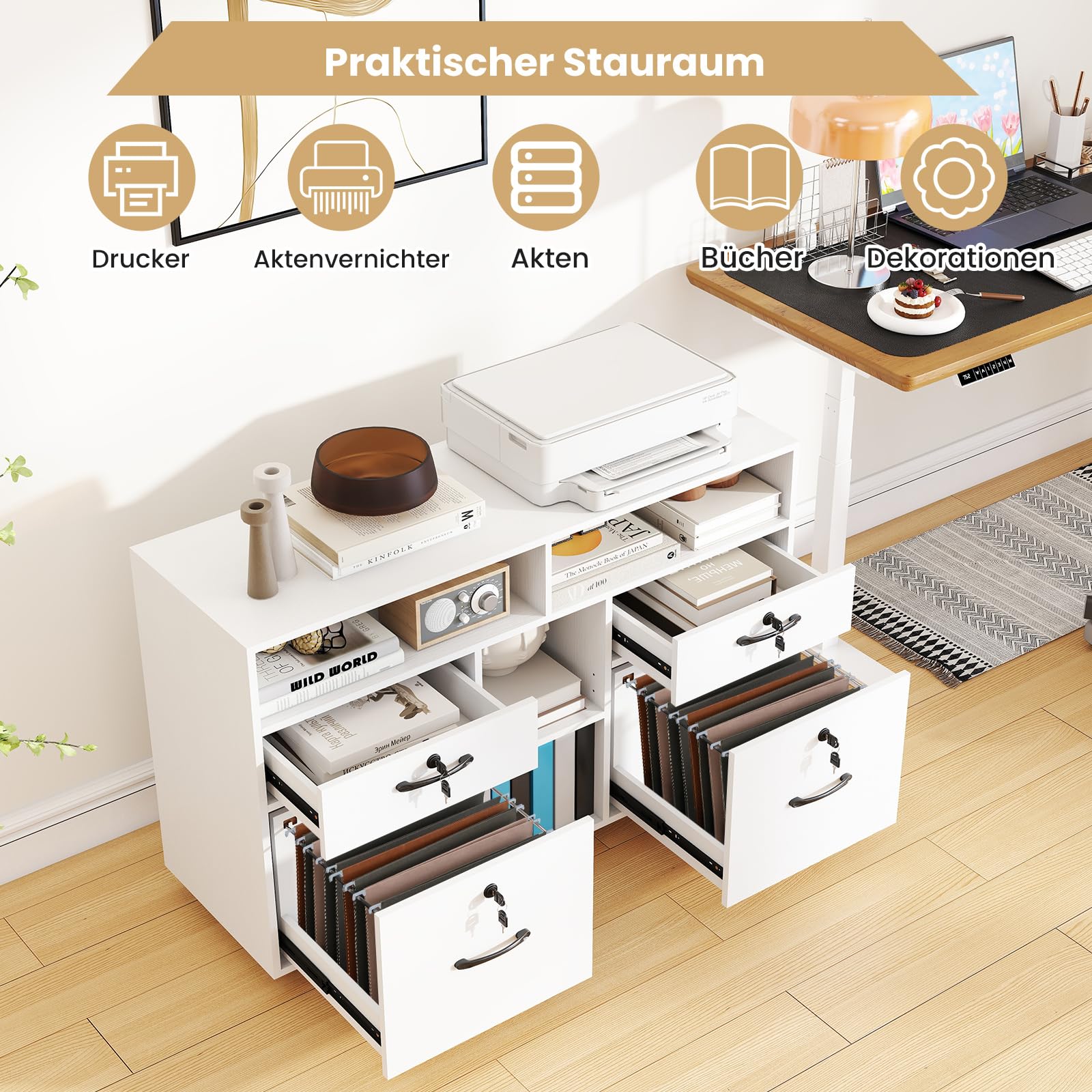 COSTWAY Rollcontainer mit 4 Schubladen, mobiler Aktenschrank abschließbar mit verstellbarem Regal & offenen Fächern, Büroschrank für Schreibtisch, Druckerständer für Zuhause, Büro (Weiß)