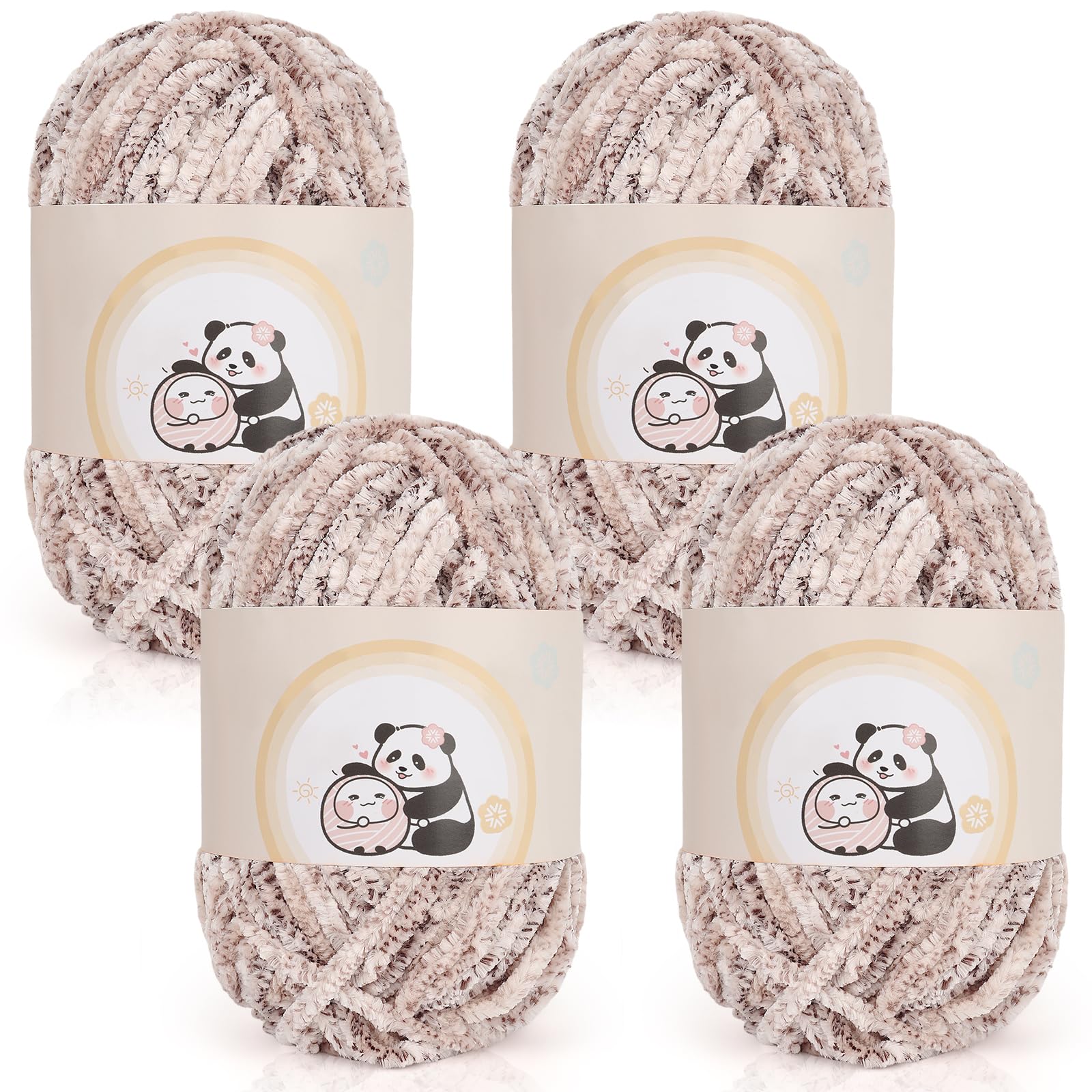 4PCS Super Soft Chenille Yarn for Blanket, Mixed Color Cream Brown Fluffy Chenille Yarn for Beginners, Polyester Starter Bulky Plush Velvet Yarns for Crocheting & Knitting (100g/0.87 yds Each)