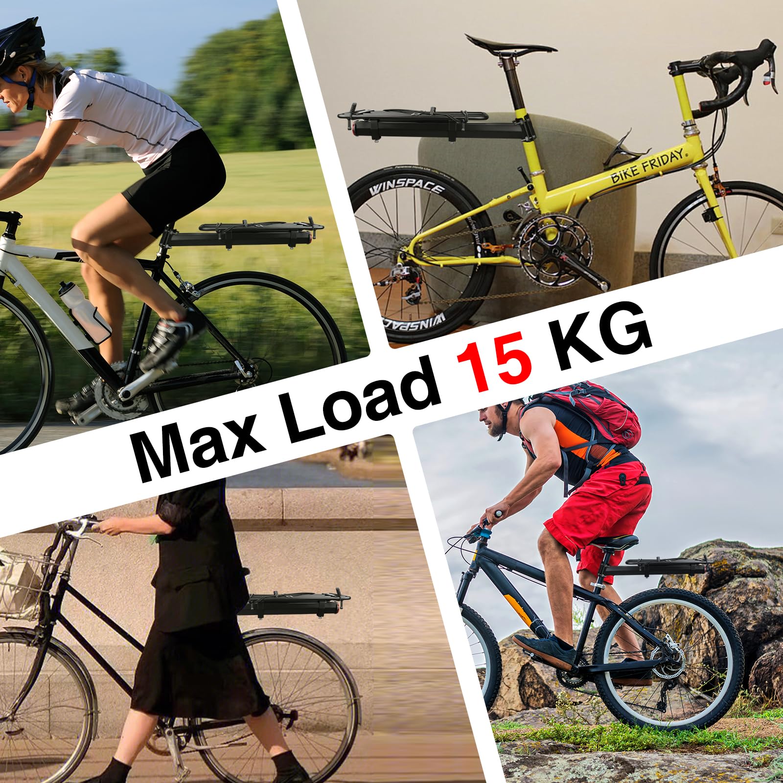 MEGHNA Universal Fahrrad Gepäckträger hinten | 15kg Tragkraft | Einstellbar für 22-29 Zoll Räder | Robuster Alu-Gepäckträger | Einfache Montage mit Werkzeug
