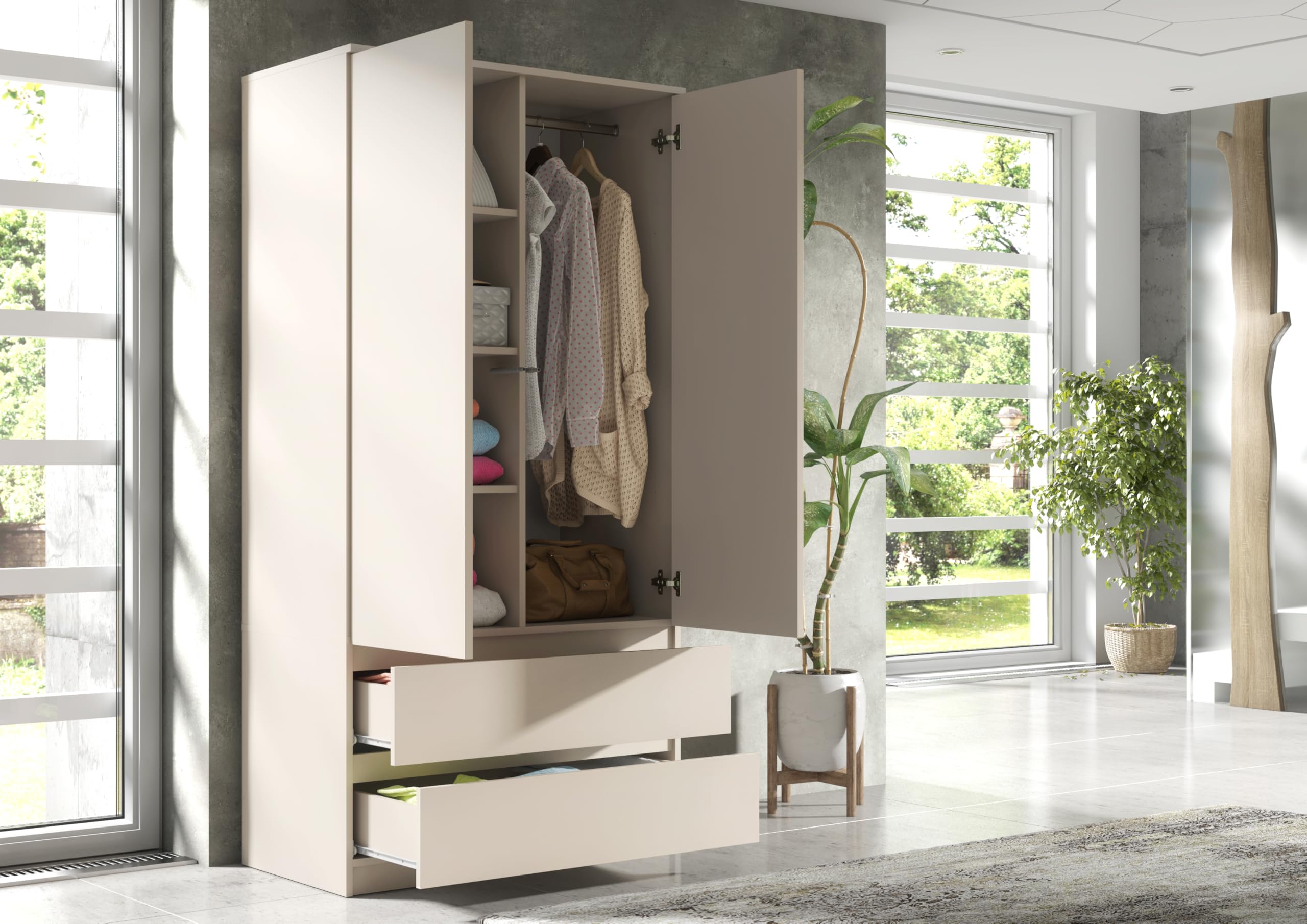 meble masztalerz Armadio Camera da Letto con 2 Cassetti Larghezza 90 cm - Mobile Camera da Letto - Armad Camera Letto Moderni - Guardaroba Armadio - Bianco - 180x90x50cm
