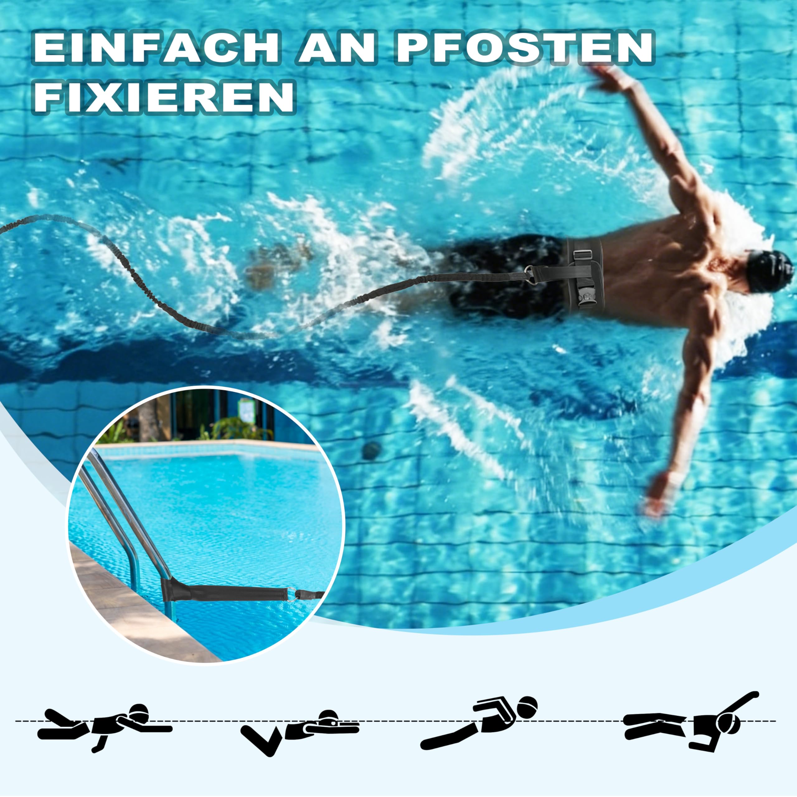 BOOSTEADY Verbreiterter Schwimmgurt für Pool, 4M Einstellbarer Schwimmgurt mit Widerstandsband für Erwachsene, Schwimmtrainer für effektives Training im heimischen Pool