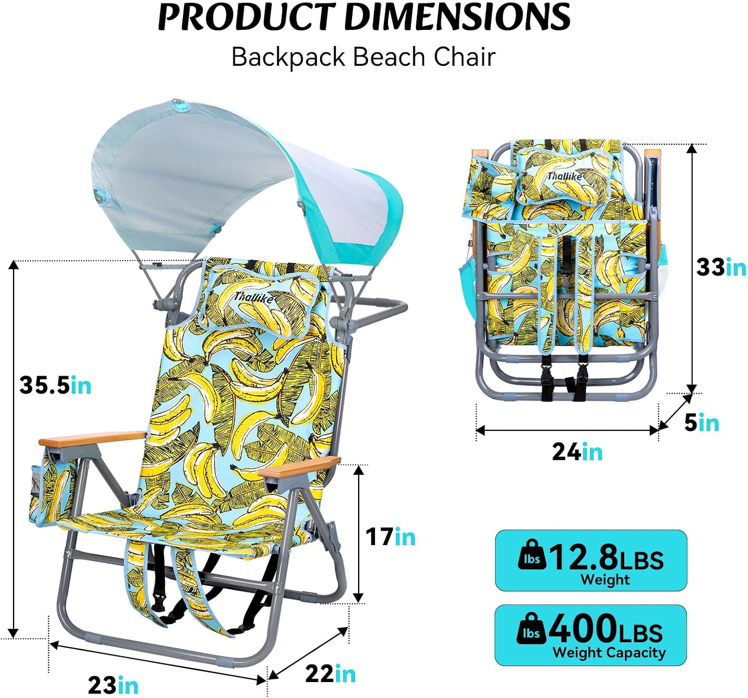 5-Position Reclining Backpack Beach Chair with Canopy Headrest Cooler Bag Cup Holder Towel Bar Storage Pouch Wooden Armrests Aluminum Frame Supports 400 lbs Foldable for Adults Camping Travel