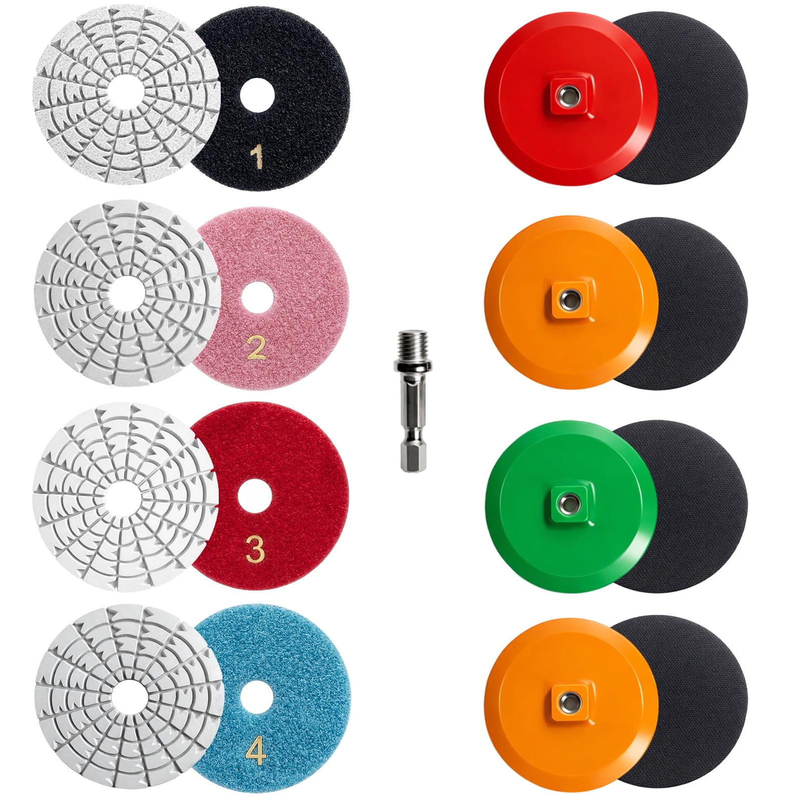 Photo 1 of **ONLY 5**4-Step Quick Polish Dry-Performance Diamond Polishing Pads 4 Inch for Granite, Concrete, Quartz, Marble Countertop Wet/Dry Polish Kit for Drill, Grinder, Polisher Granite Polishing Pads Kit