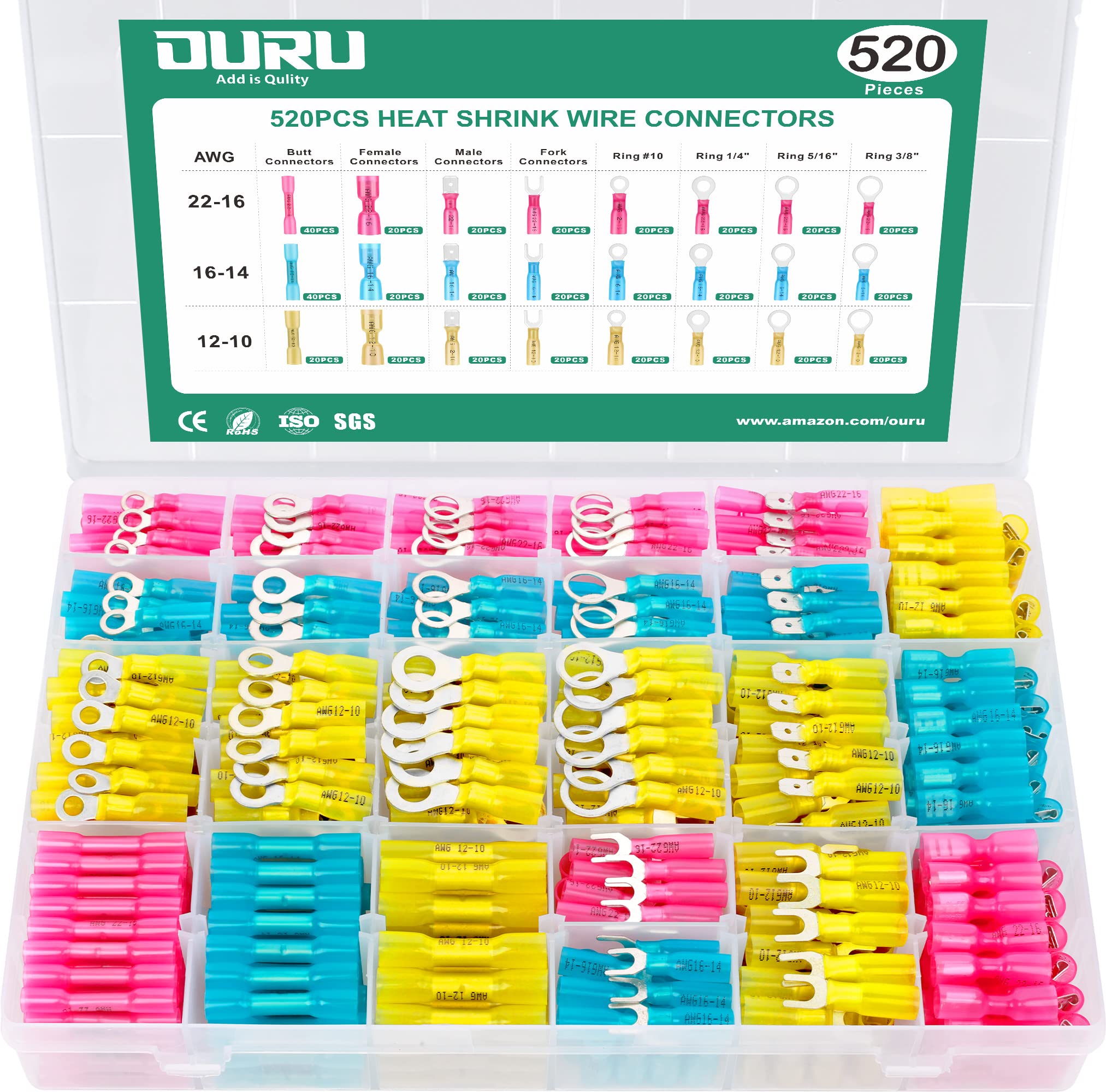 580PCS Heat Shrink Verbinder Set - Marine Grade Kabelverbinder 4 Farben/Größen