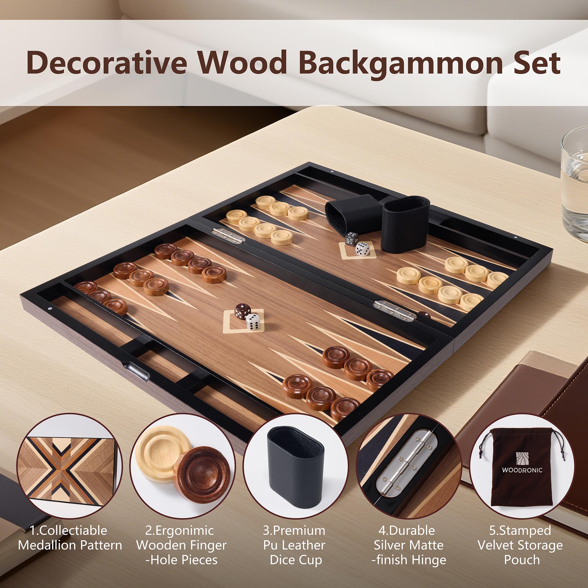 Set da backgammon in legno per adulti, custodia classica da 48,9 cm, set da backgammon pieghevole di alta qualità con pezzi da gioco in legno, dadi – grande set da gioco da viaggio intarsiato in legno