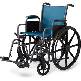 Medline Folding Wheelchair with DeskLength Arms/SwingAway Leg Rests/18” X 16” Seat/ Gray Frame & Nylon Upholstery, Teal, 1 Count