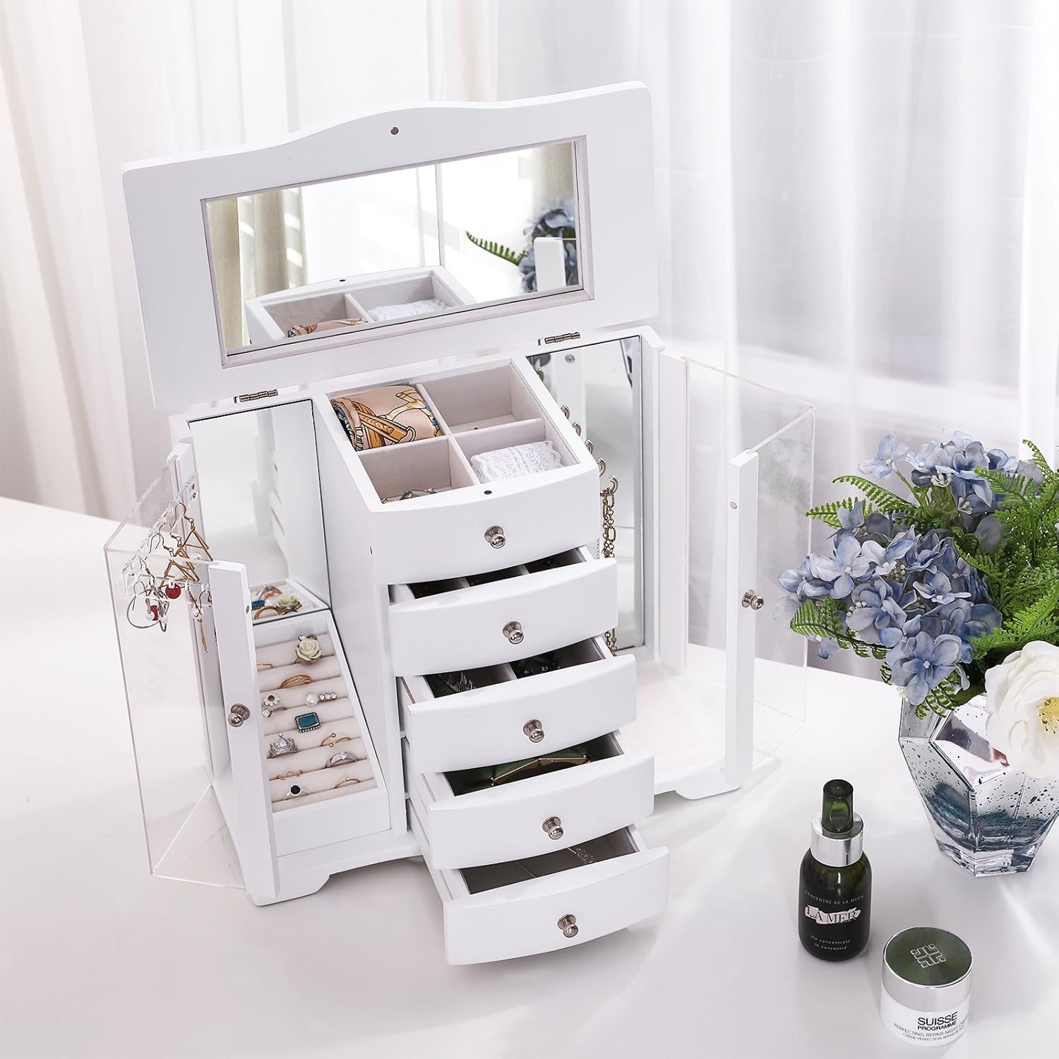 SONGMICS Wooden Jewelry Box Large Organizer with Clear Acrylic Doors and 4 Drawers, White UJOW57W : Clothing, Shoes & Jewelry