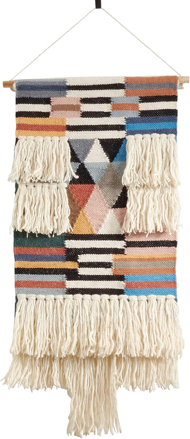 SARO LIFESTYLE Bohem Collection Textured Woven Wall Hanging with Fringe Design, 18" x 40", Multi