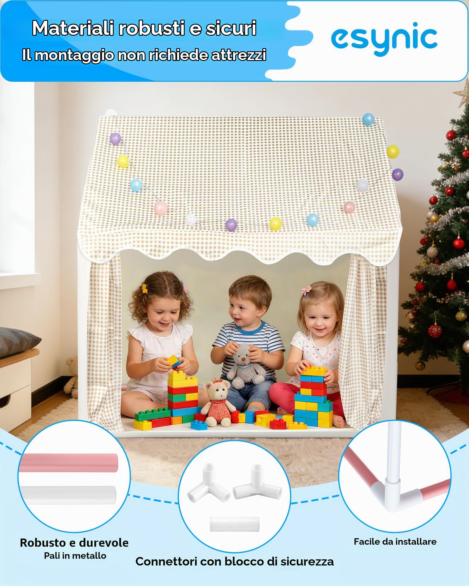 eSynic Tenda da Gioco per Bambini con Luci LED Decorative, Casetta Stanza di Attività Giochi con 2 Finestre per 2-3 Piccoli, Angolo da Lettura Studio, Facile da Montare - Beige a Quadri