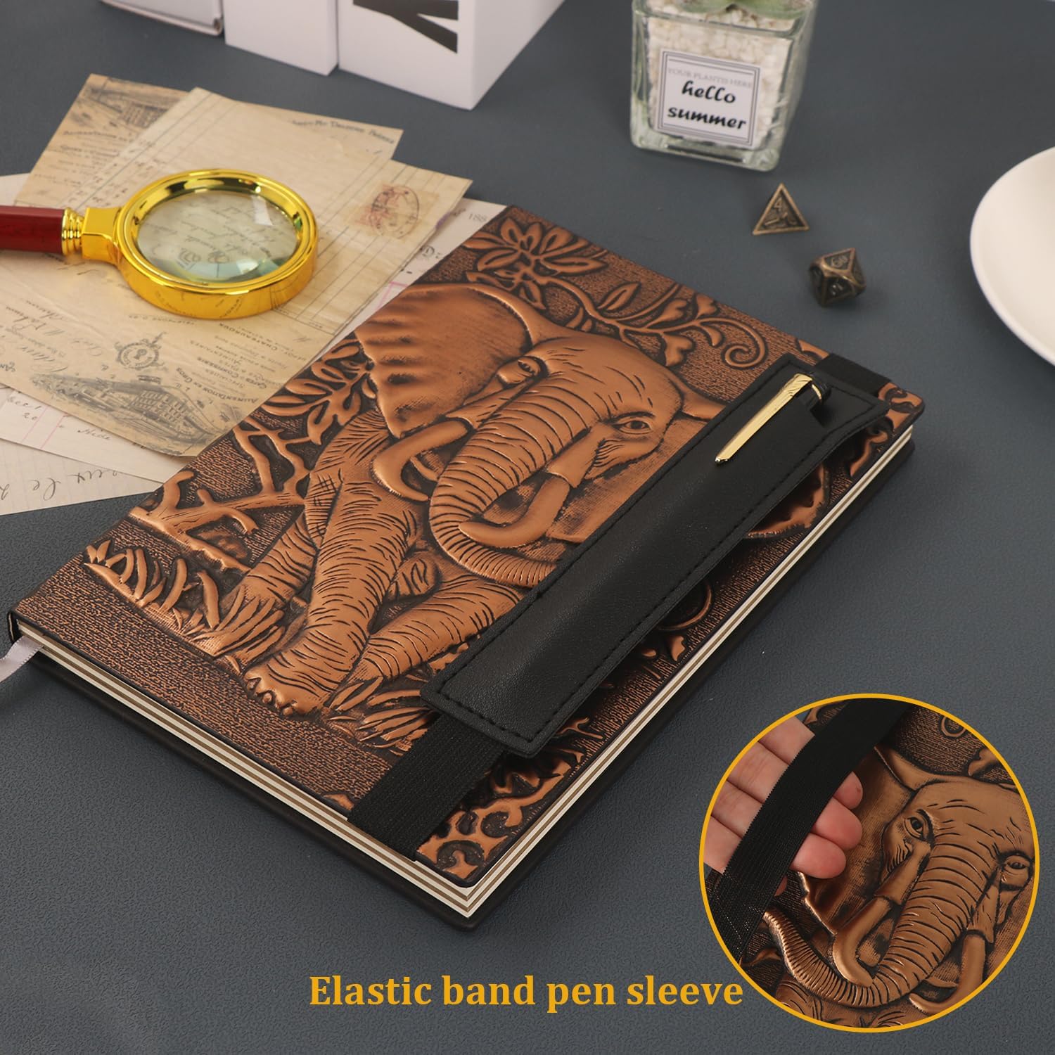 FEIDIAO Vintage Elephant Embossed Leather Notebook with Ballpoint Pen/Pen Sleeve,A5 Hardcover Notebook,for Business Notepad/Travel Journal/Family Daily Notepad/Girl's Diary(Red Copper Elephant) - Image 3