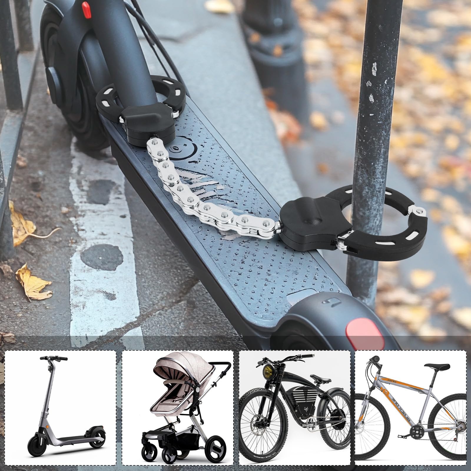 Catena Bicicletta Antifurto, Lucchetto Monopattino Elettrico, Accessori Monopattino Elettrico con Chiave E Borsa Impermeabile 3L, Lucchetto Manette per Scooter Elettrico, Moto, Carrozzine