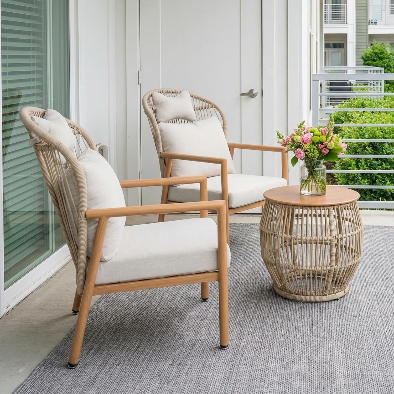 3 Piece Patio Bistro Set, Round Bistro Table and Chairs Set of 2, Rattan Patio Bistro Sets Meatl Patio Lounge Chairs and Coffee Table, Modern Outdoor Furniture for Balcony/Deck, Beige