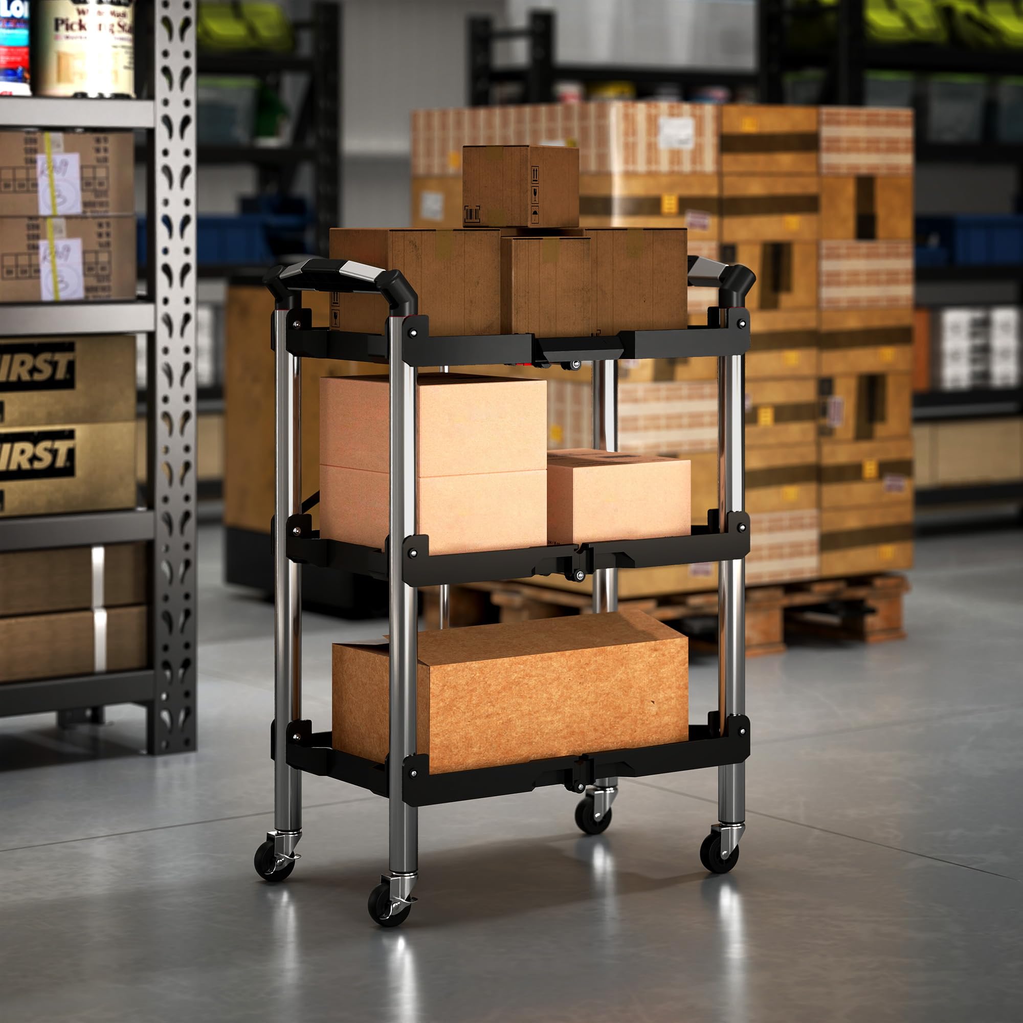 HOMCOM Carrello attrezzi pieghevole 3 livelli, ruote, 150 LBS, nero | Carrello utility pieghevole con maniglie, organizer servizio mobile, per garage magazzino officina.