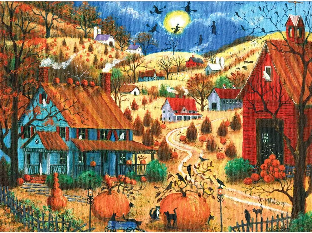 Bits and Pieces – 1000 Piece Jigsaw Puzzle for Adults – The Great Pumpkin Contest Visit - Jigsaw Puzzle Fall Autumn Country Farm Halloween Witch Moon by Artist Mary Ann Vessey