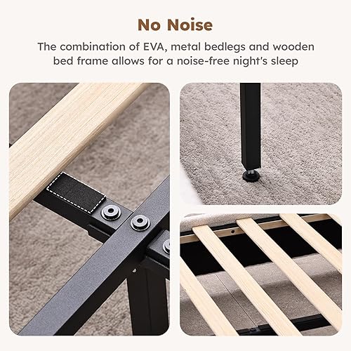 Miniatura 7 de Base de cama de nube de tamaño Queen, marco de cama suave con cabecera ajustable, patas de madera maciza, diseño de esquinas redondeadas y fácil