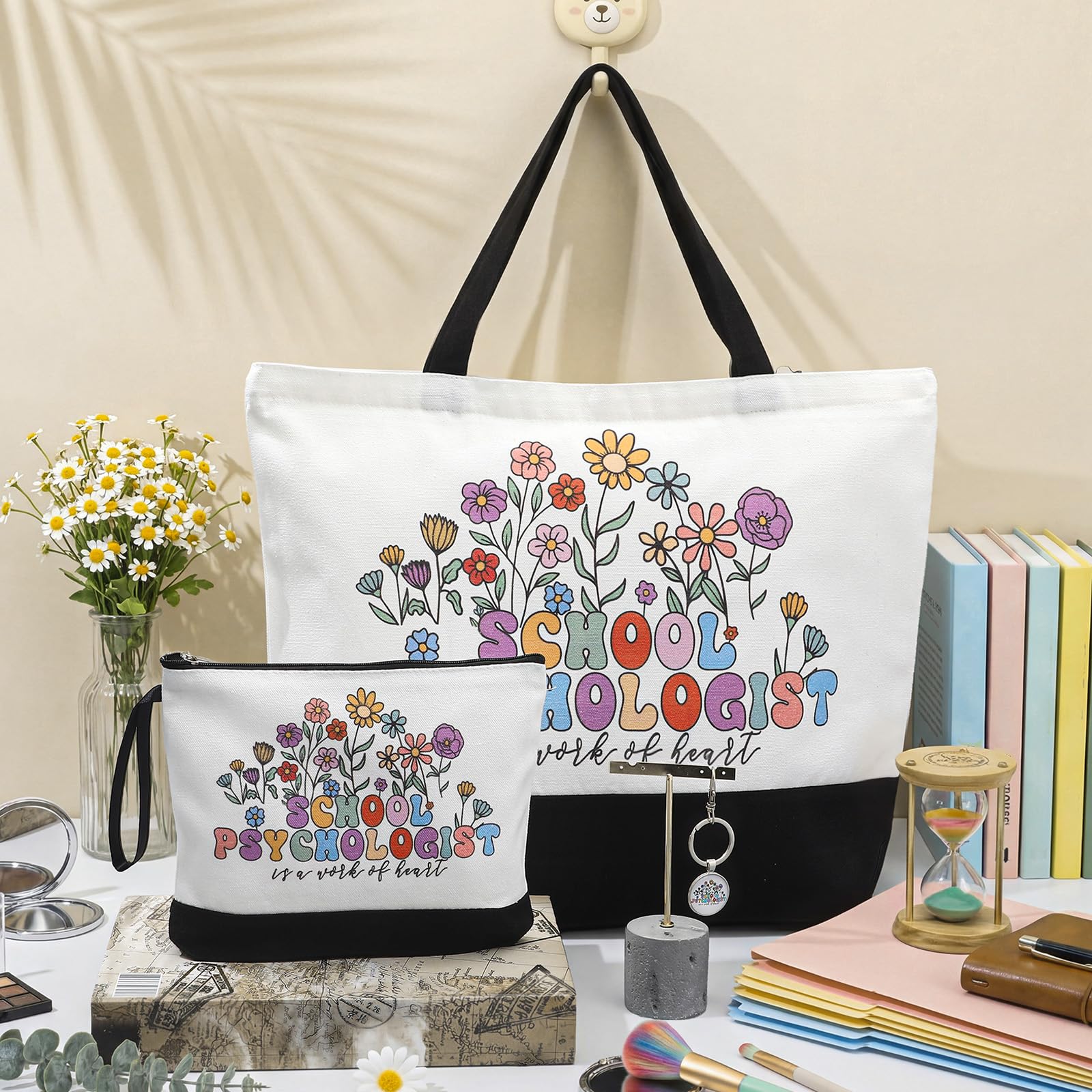 Kacctyen School Psychologist Appreciation Gifts Sets Canvas Tote Bag Makeup Cosmetic Bag Teacher Thank You Keychains for Women Employee Coworker Staff