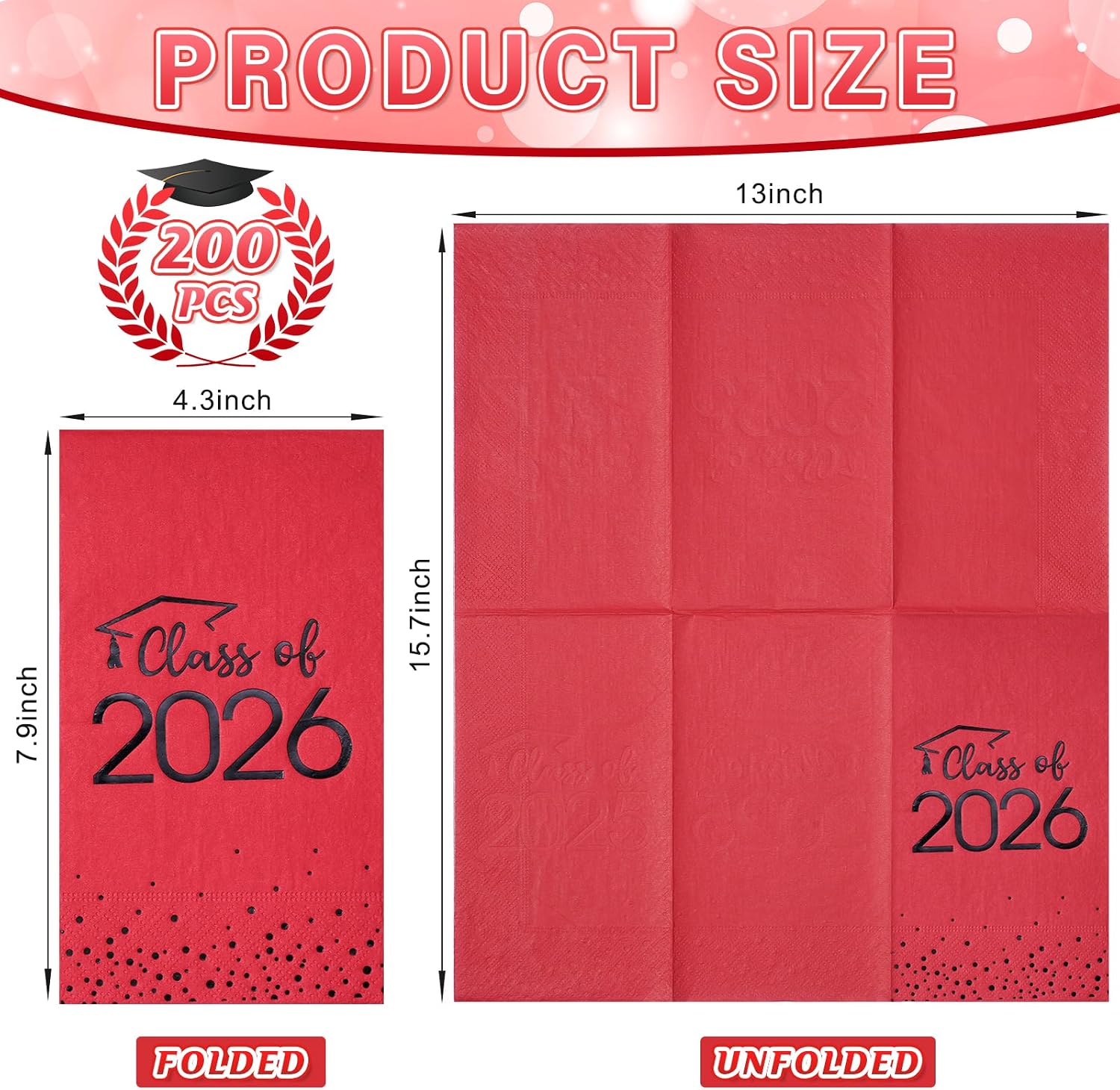 200pcs Class of 2026 Graduation Napkins, Disposable Congrats Grad Cocktail Napkins Foil Dot Paper Hand Towels for 2026 High School University College Graduation Party Decorations (Red Black）