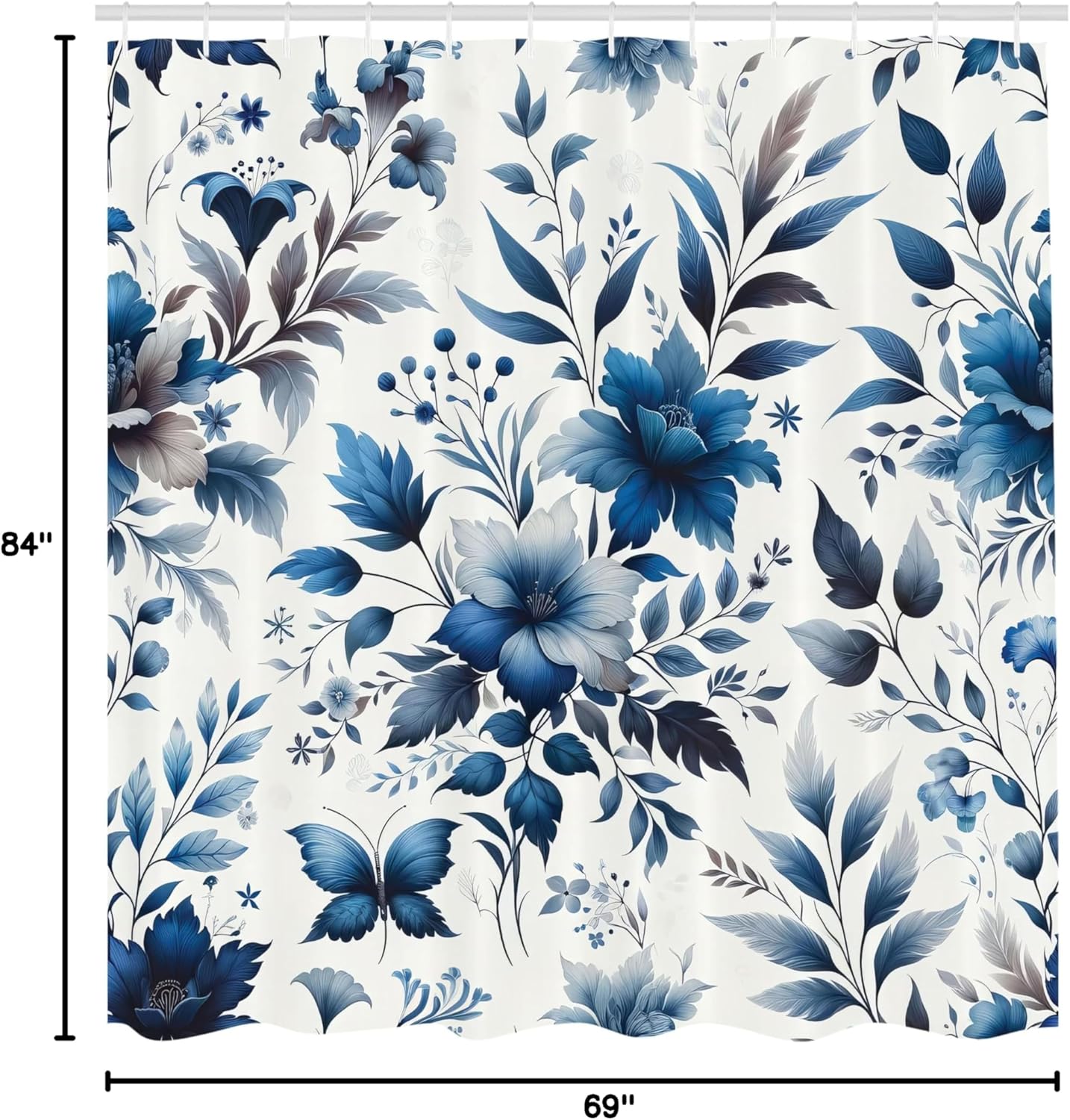 Ambesonne Blue Shower Curtain, Watercolor Flowers Berry Branches Leaves Folk Inspired Floral Motifs, Cloth Fabric Bathroom Decor Set with Hooks, 69" W x 84" L, Blue Grey and Dark Turquoise