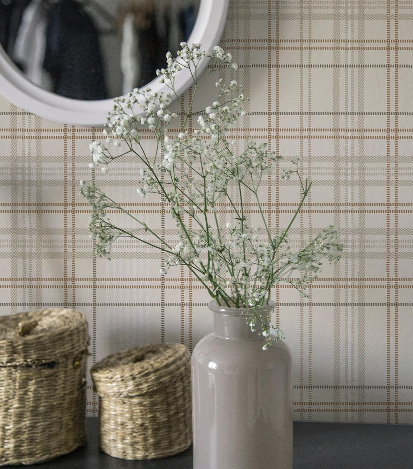 Peel and Stick Wallpaper Check Plaid Boho Neutral - Self Adhesive Waterproof Vinyl Wallpaper for Walls, Kitchen Backsplash, Bathroom, Bedroom, Rentals (Light, 17.3" X 236.22")