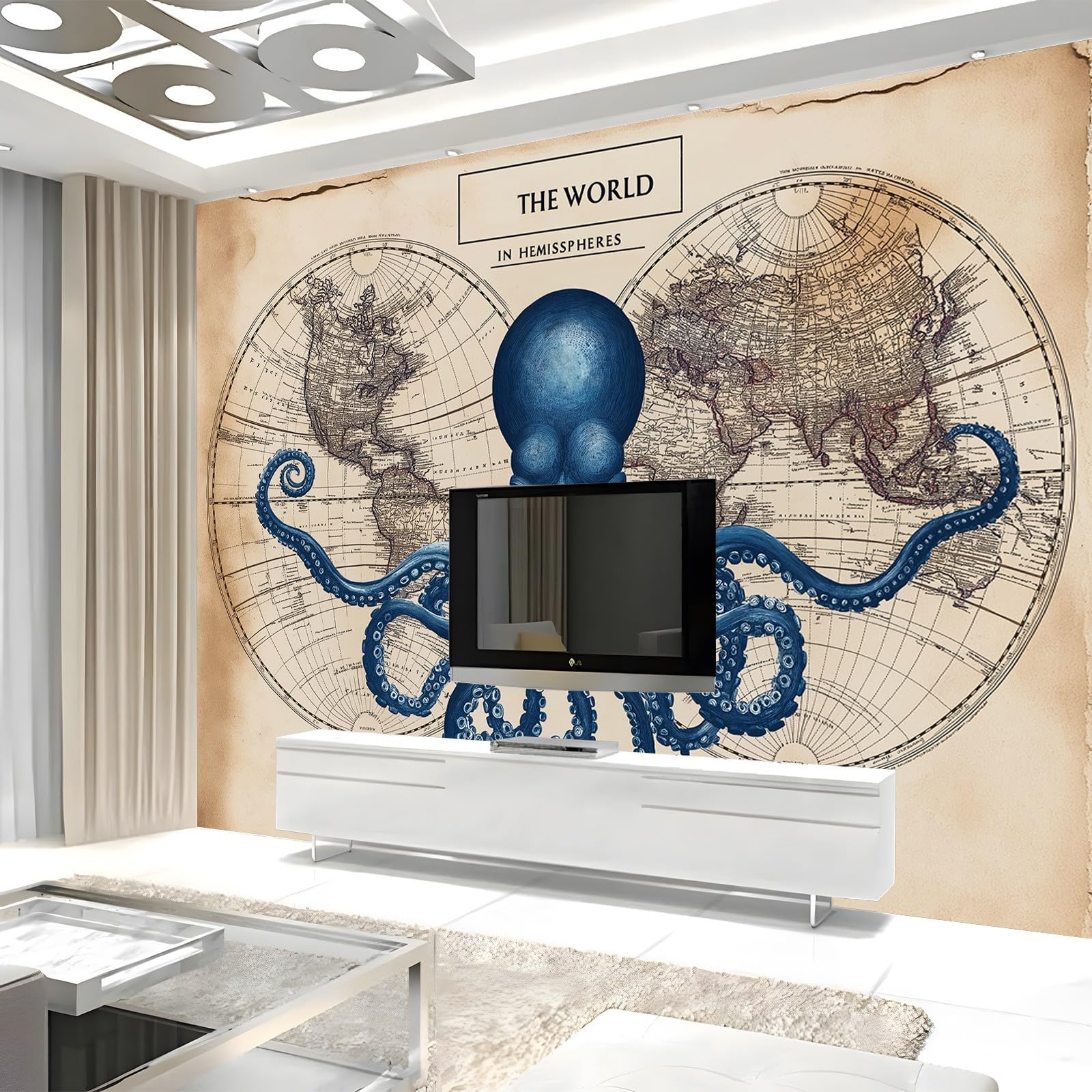 Tapeta Salon 3D Retro Mapa świata Ośmiornica 350 x 256 cm Fototapeta HD Nowoczesny druk, do sypialni TV Dekoracja tła Fototapeta Moda Ściana