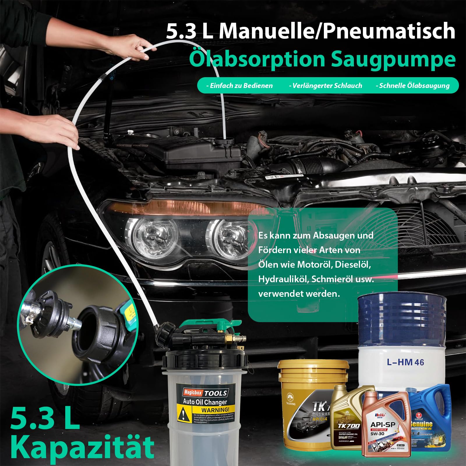 Magicbox 5.3L Kapazität Ölabsaugpumpe Auto Dual-System(Manuell + Pneumatisch) mit 6 Schläuchen & Sicherheitsventil–1,5m Schlauch für Auto, Motorrad, Boot, Industrietauglich, Rostbeständig