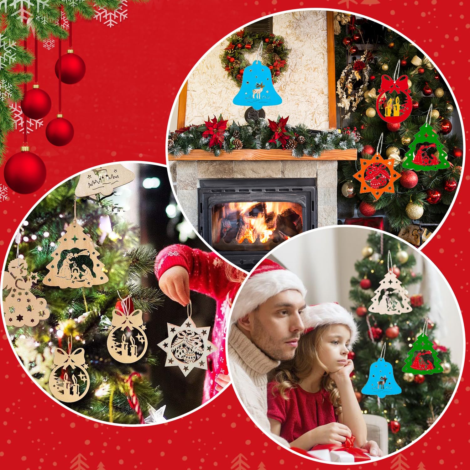 Decoración árbol Navideño Adornos Navidad Madera - 50 Piezas - Copos Nieve  - Con Cuerda - Decoración Árbol Colgantes Navideños Reutilizables, image size:1500x1500