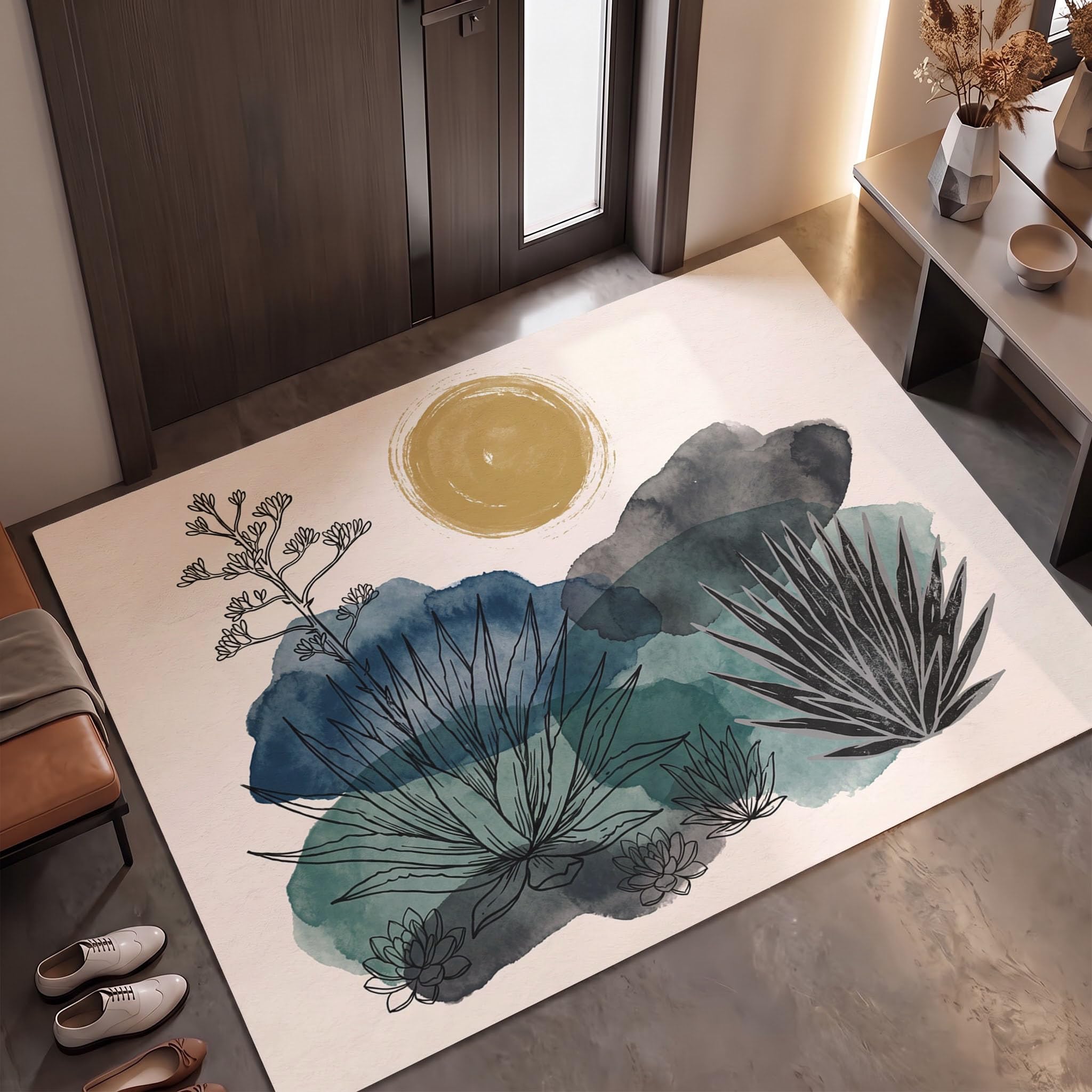 Kaktusillustrationen Fußmatte 80 X 120 cm, Böhmische Pflanzen Anti Rutsch Matte Waschbar Fussmatte | Kaktusillustrationenteppich Für Flur Küche Haustiere - Seegrün