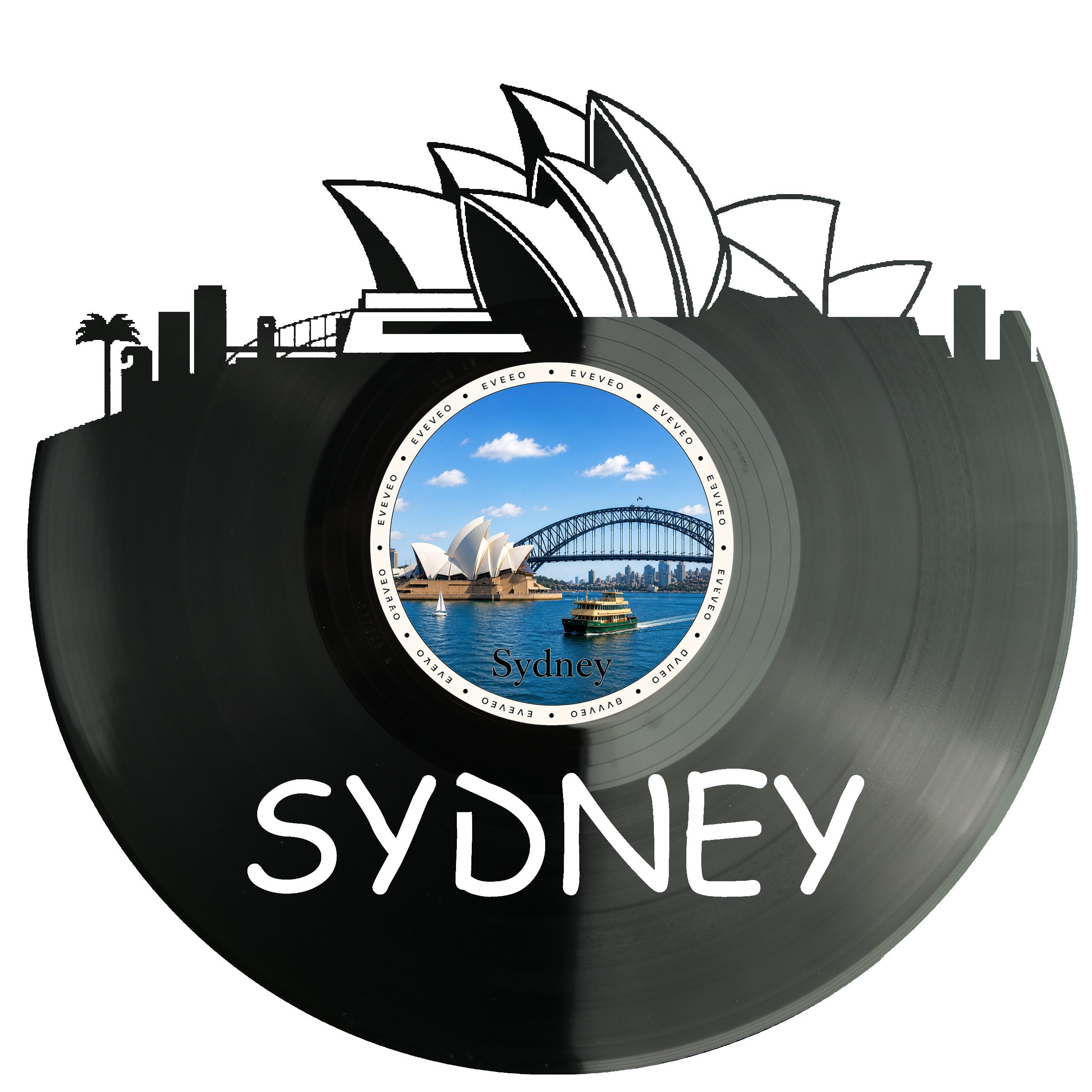 EVEVO D0029 - Decorazione da parete a forma di disco di Sydney, in vinile, motivo skyline australiano, idea regalo per i globuristi e i fan dell'opera