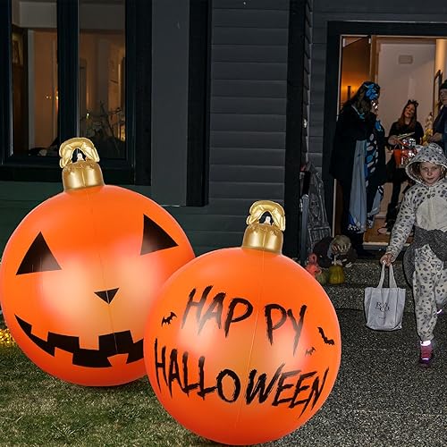 Miniatura 5 de Jetec 2 piezas inflables de Halloween de 24 pulgadas, decoración al aire libre de PVC colgante de calabaza gigante para árbol, feliz Halloween,