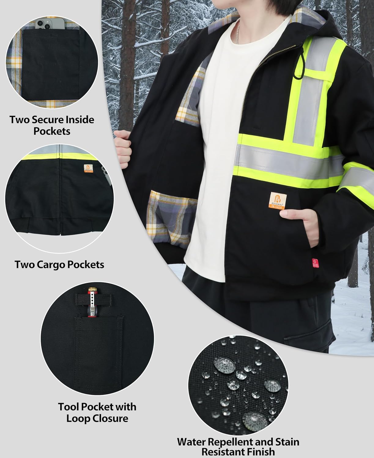 BOCOMAL FR Jackets Insulated Hi Vis Flame Resistant Heavyweight Hooded Coat Outwear Water Repellent Stain Resistant CAT4 - Image 4